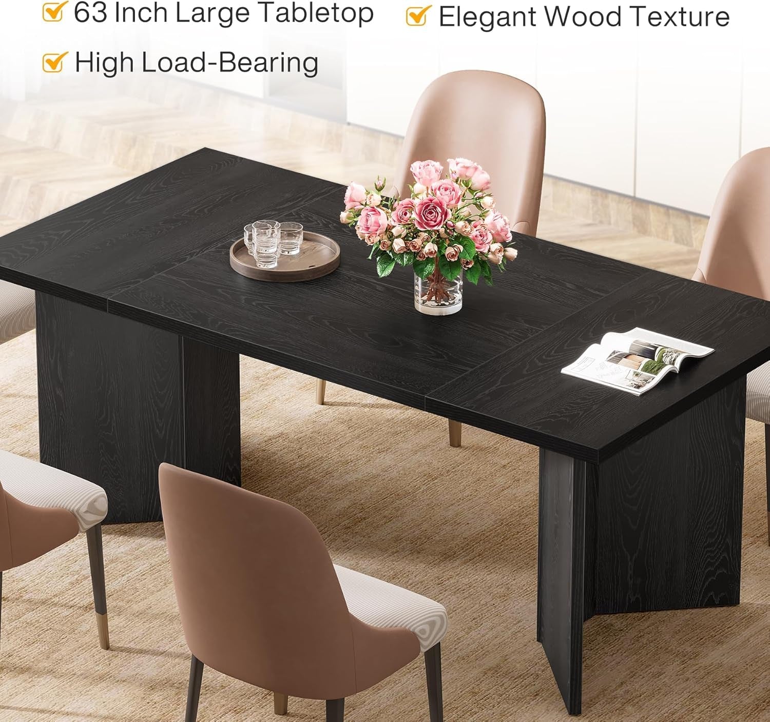 63 Inch Black Dining Table With Wood Base Seats 4 To 6
