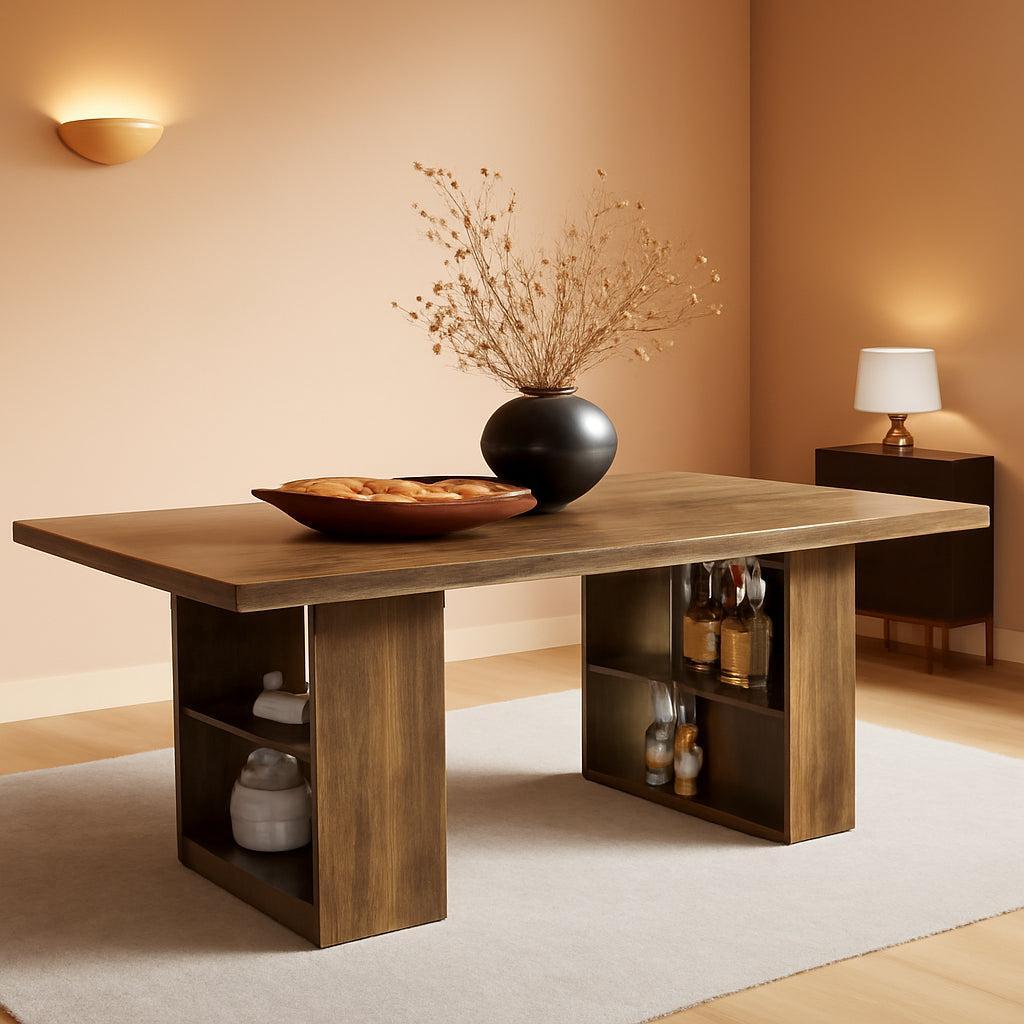 63-Inch Brown Solid Wood Dining Table With Shelves