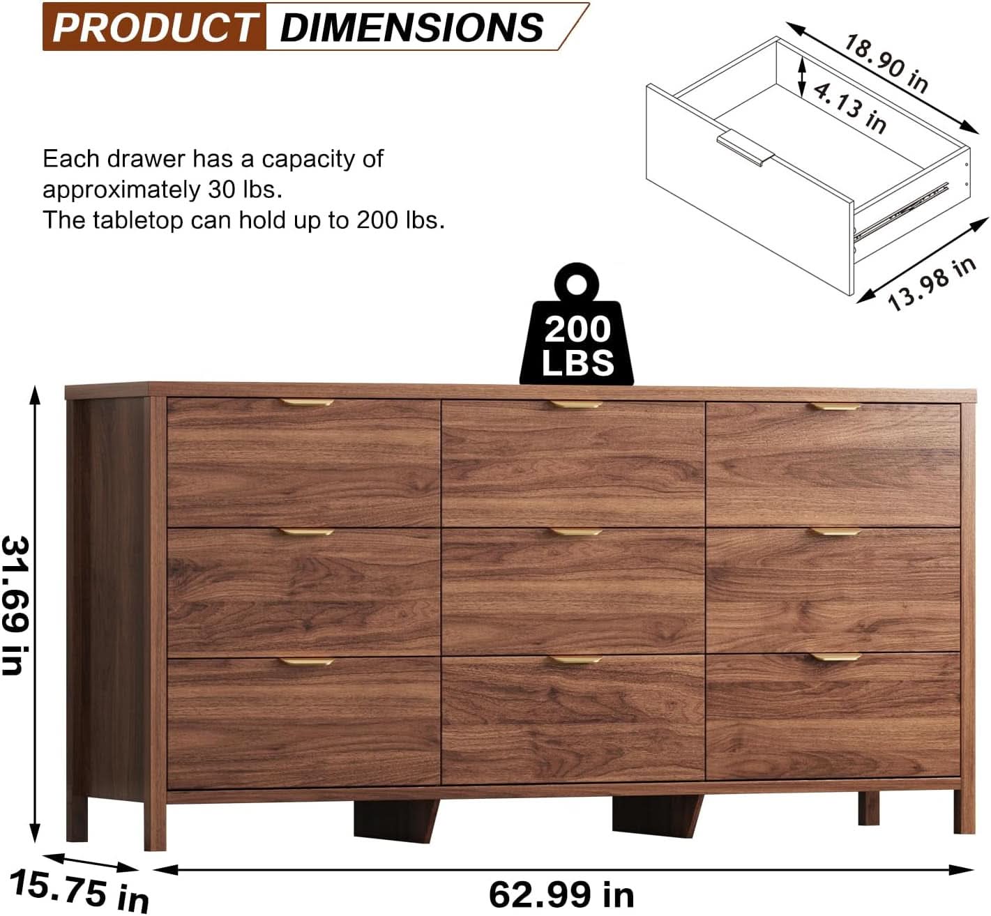 63 Inch Chestnut Dresser With 9 Drawers And Smooth Glides