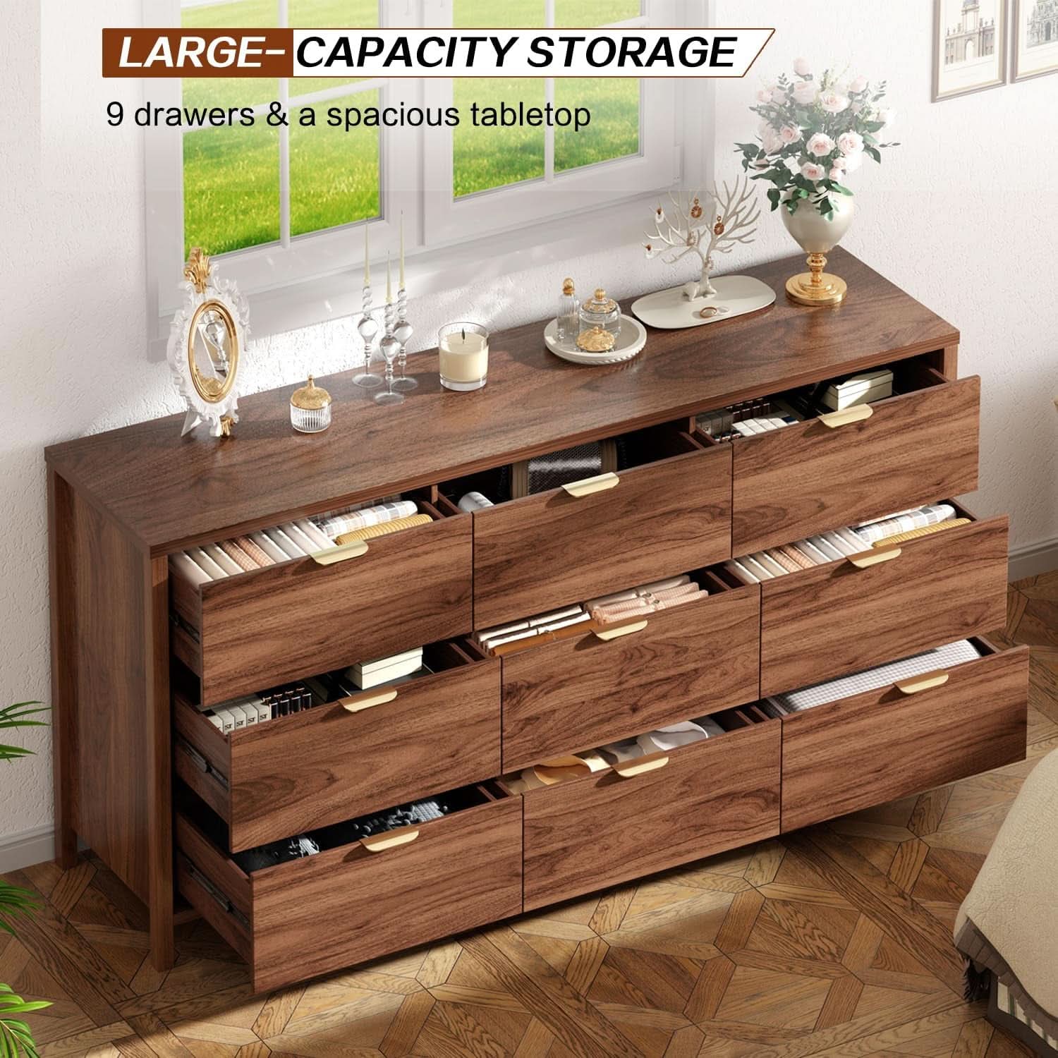 63 Inch Chestnut Dresser With 9 Drawers And Smooth Glides