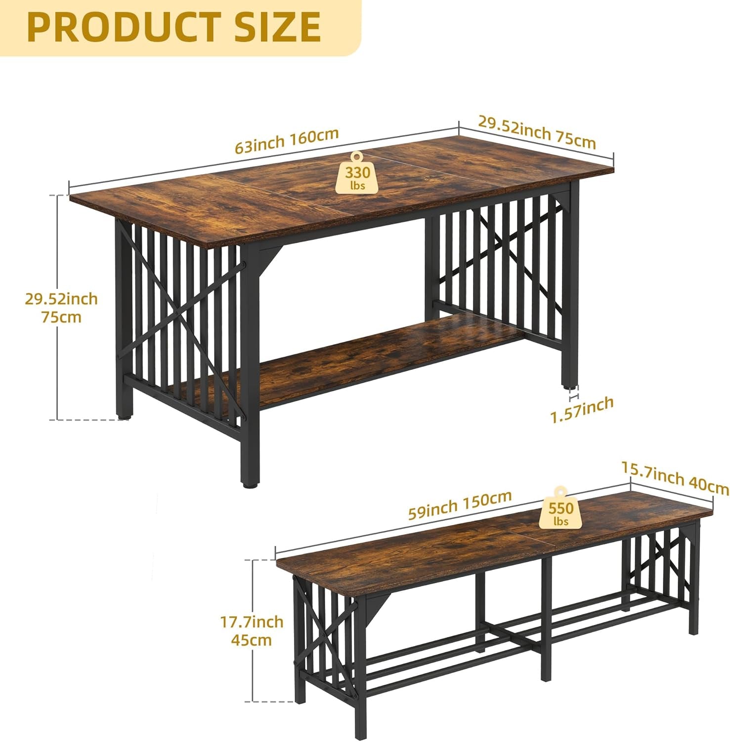 63 Inch Dining Table Set For 4 To 6 With Storage Benches