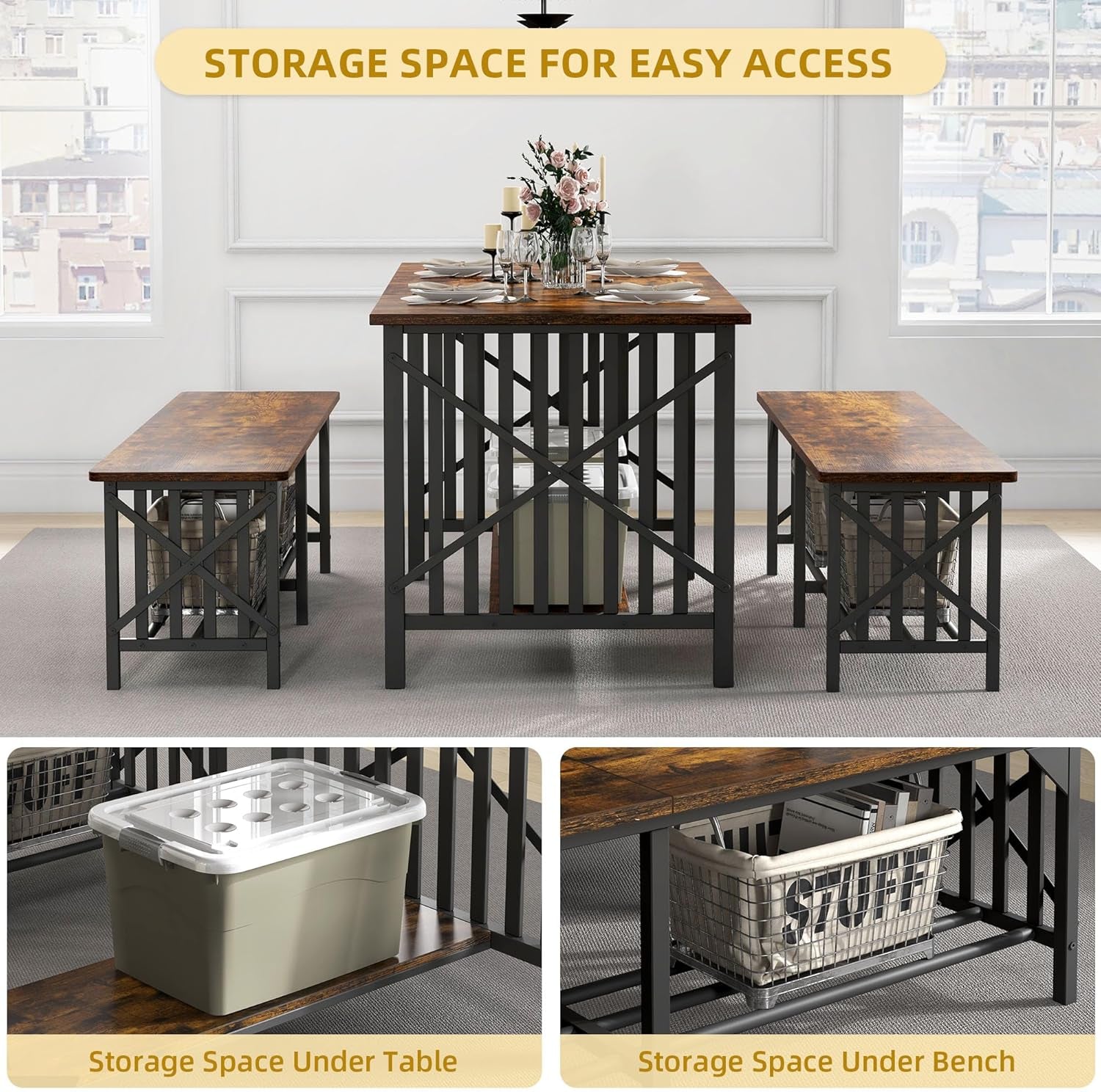 63 Inch Dining Table Set For 4 To 6 With Storage Benches