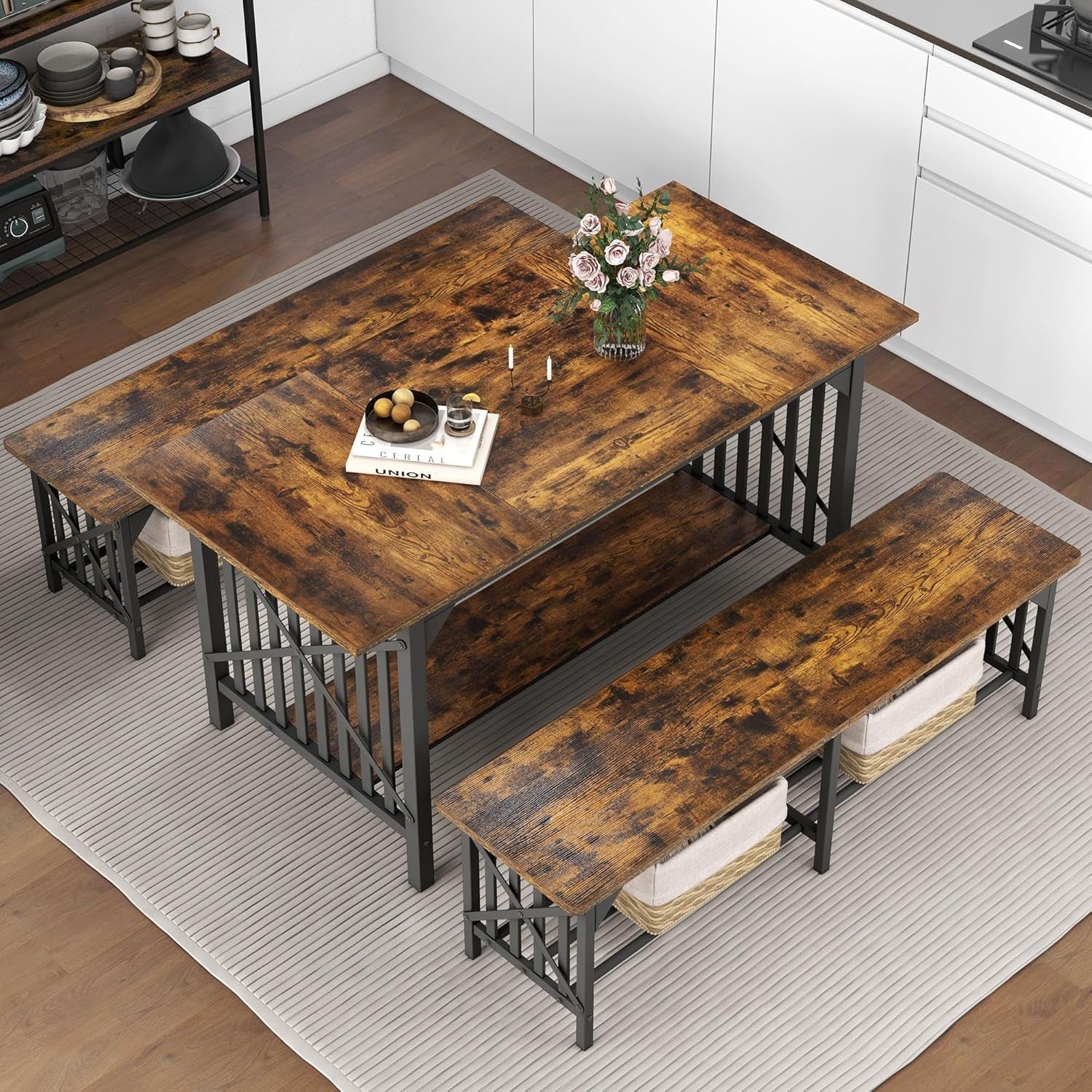 63 Inch Dining Table Set For 4 To 6 With Storage Benches