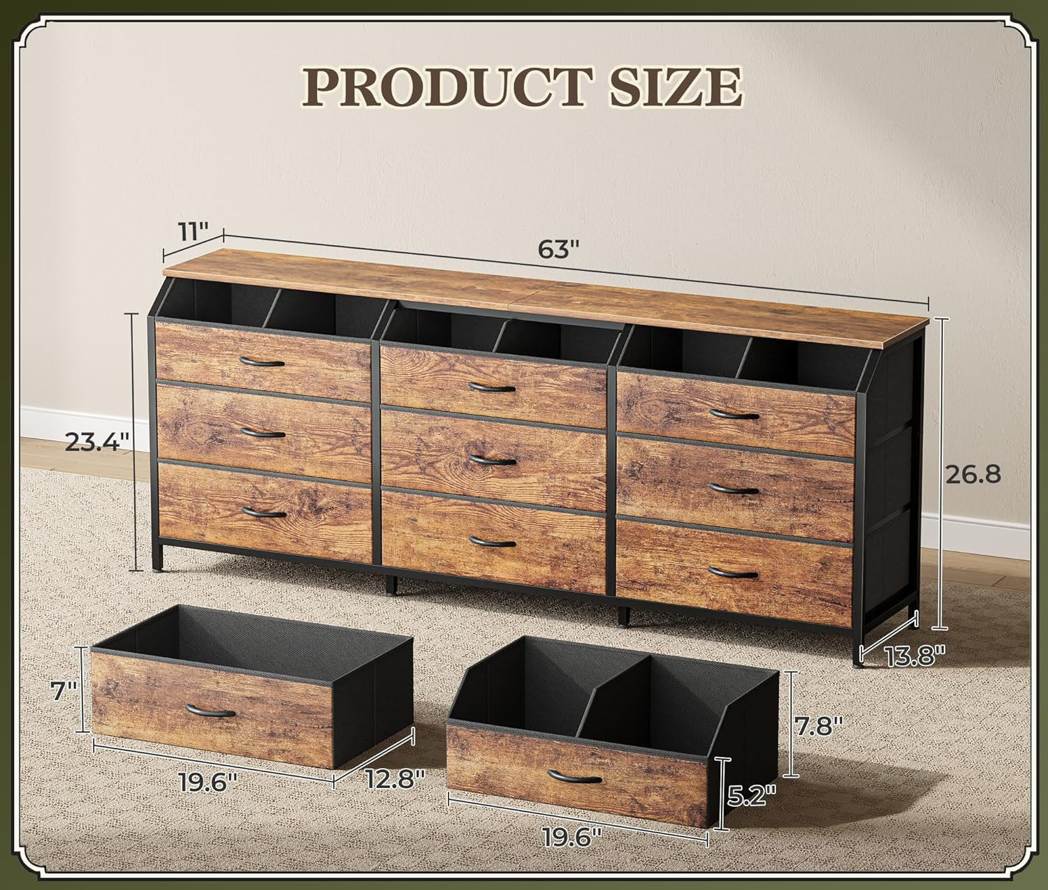 63 Inch Dresser Vintage Rustic Brown Finish With 9 Drawers