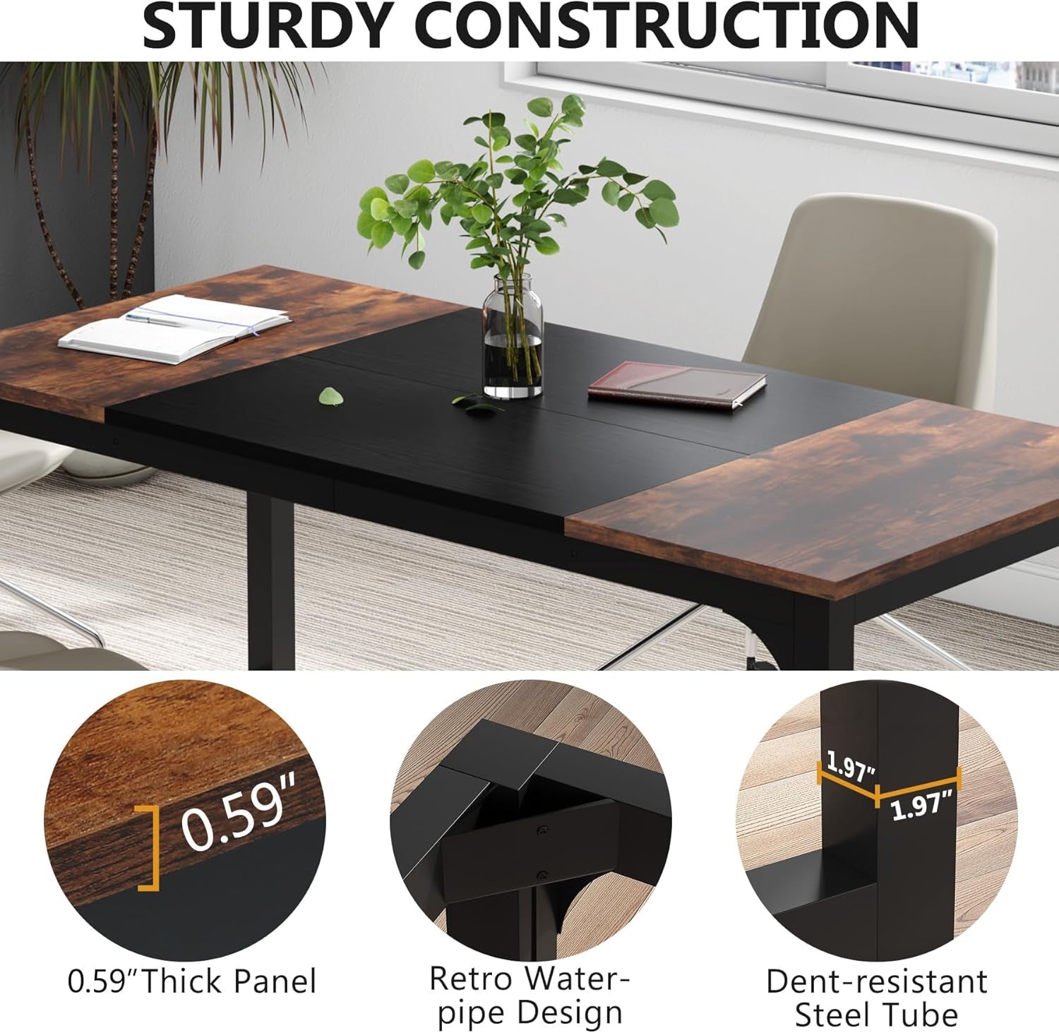 63 Inch Executive Desk Two Tone Brown Black Heavy Duty Frame