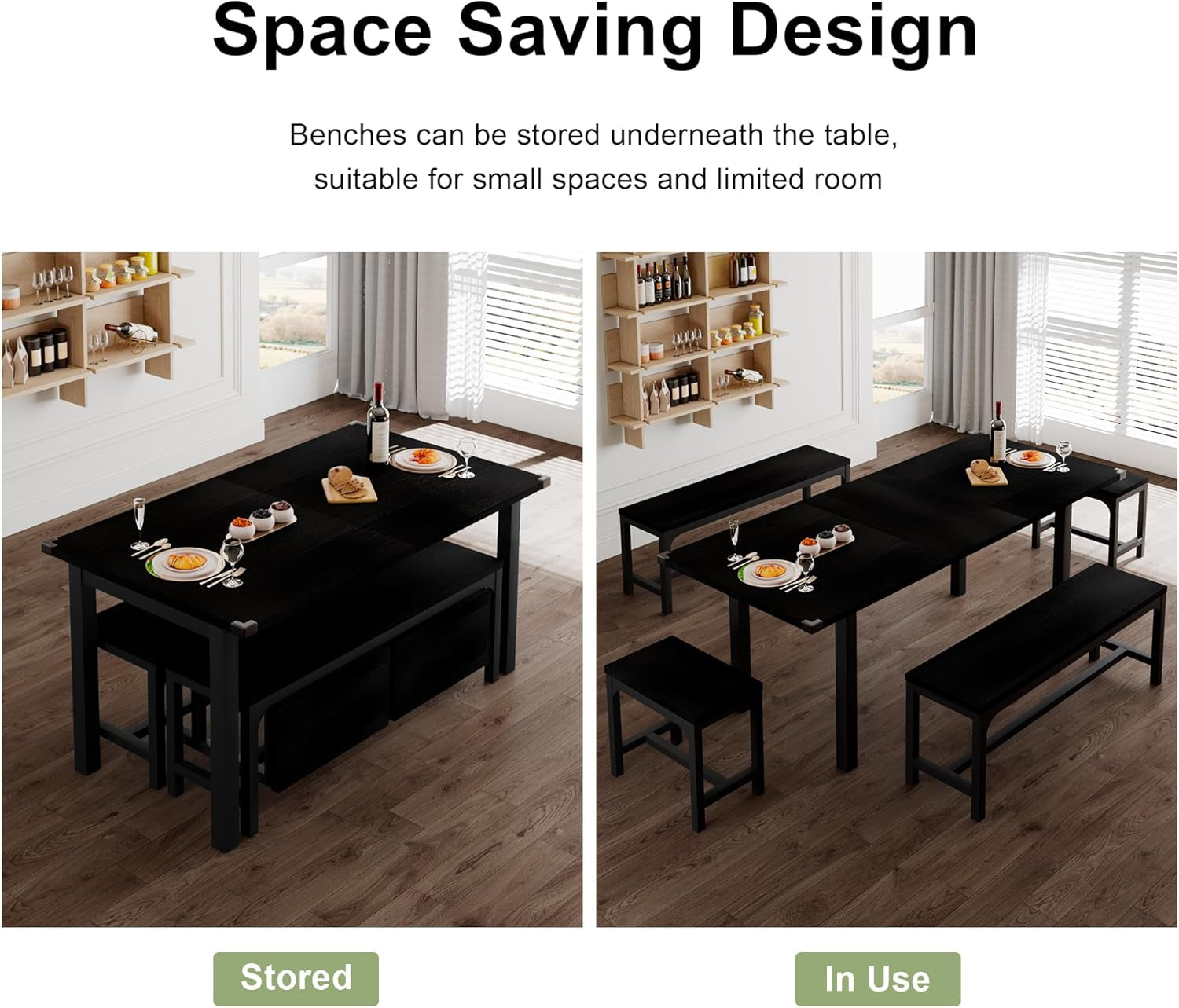 63 Inch Extendable Dining Table Set Black For 4 To 8