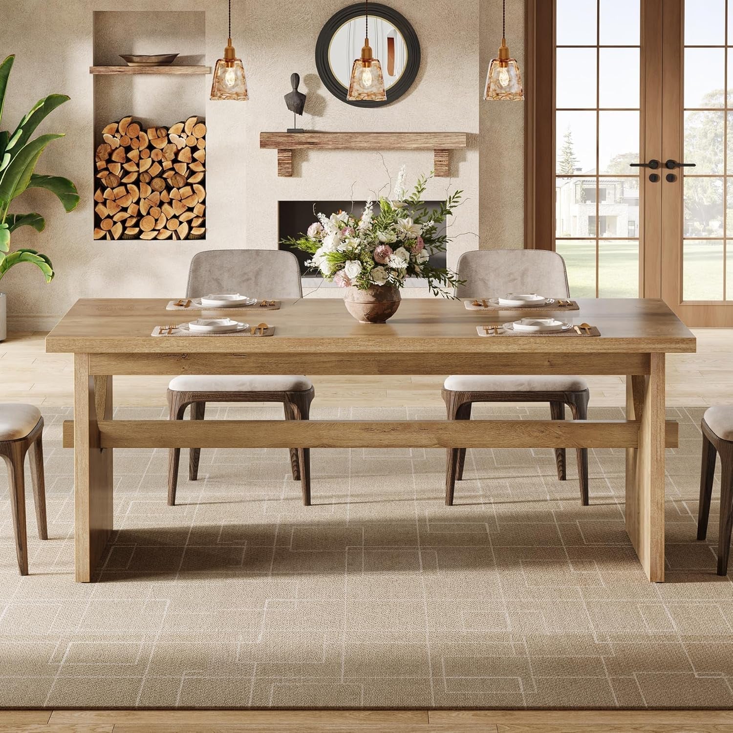 63 Inch Farmhouse Dining Table Rustic Brown Seats 4 To 6