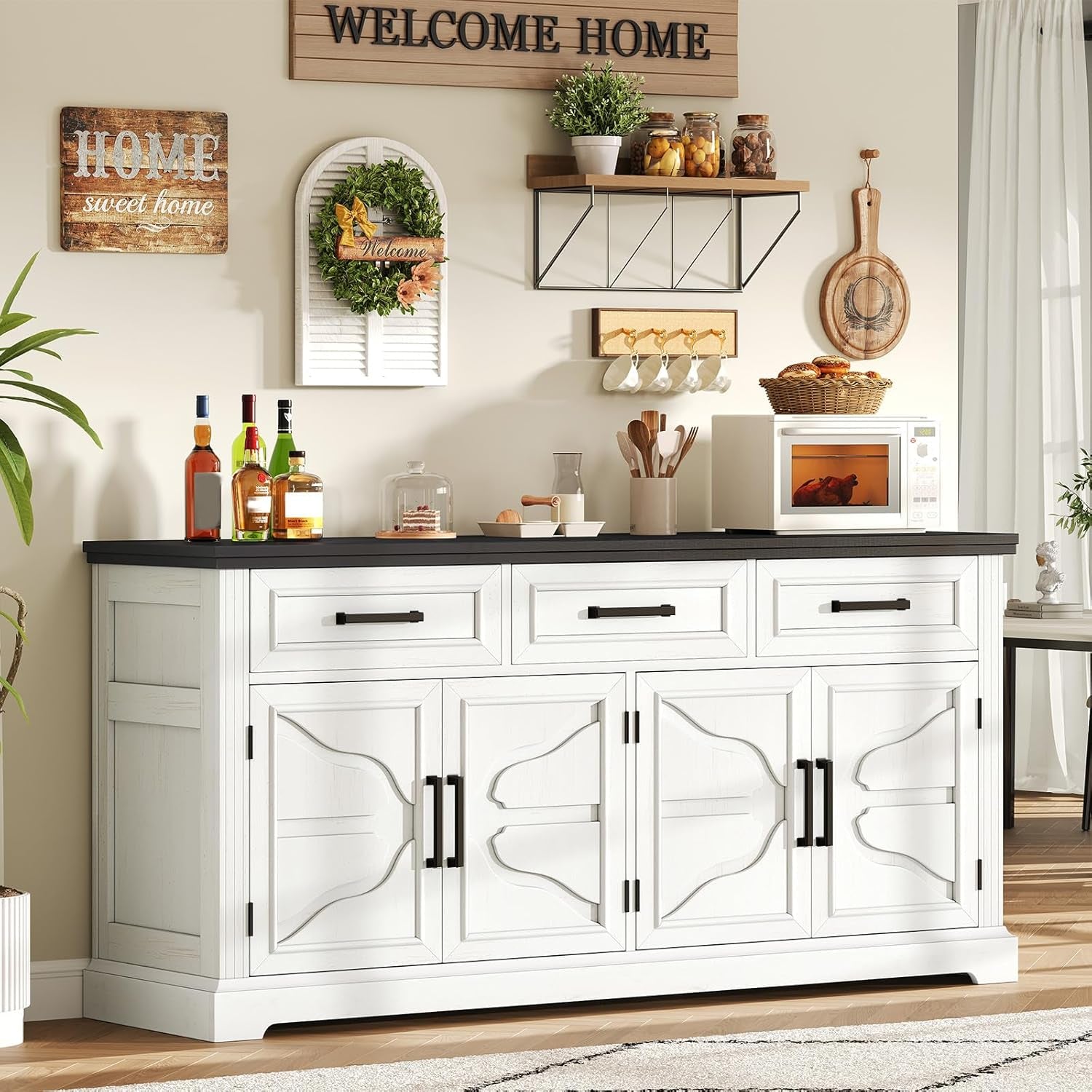 63 Inch Farmhouse White Buffet Sideboard With 3 Drawers