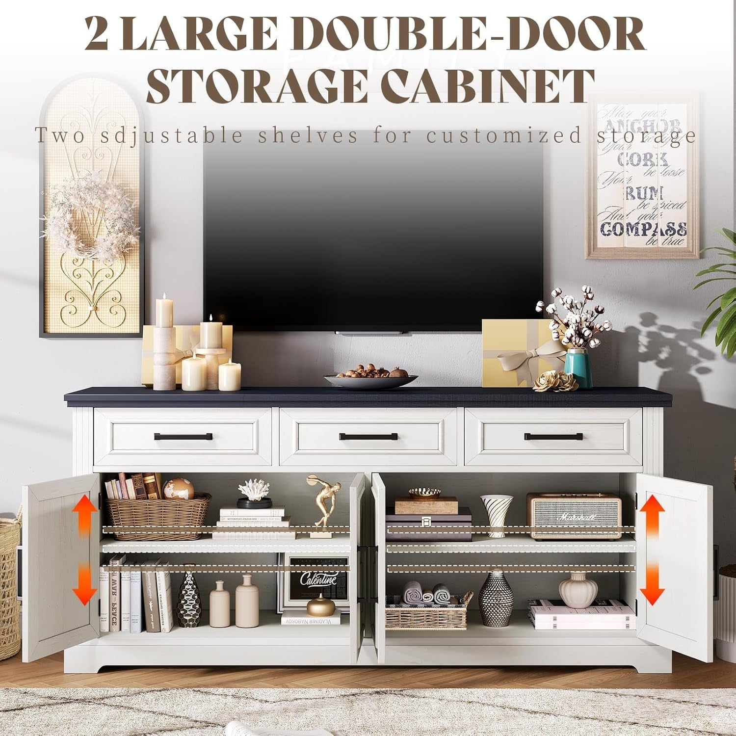 63 Inch Farmhouse White Buffet Sideboard With 3 Drawers