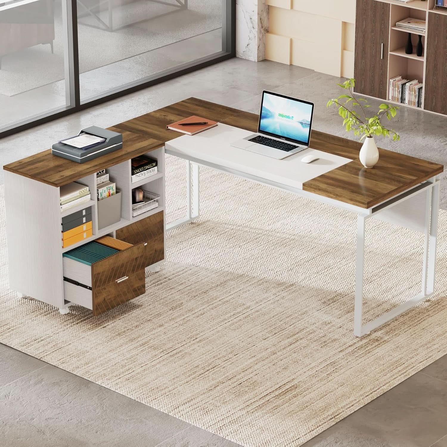 63 Inch L Shaped Desk Reversible Cabinet Natural Oak Wood Finish