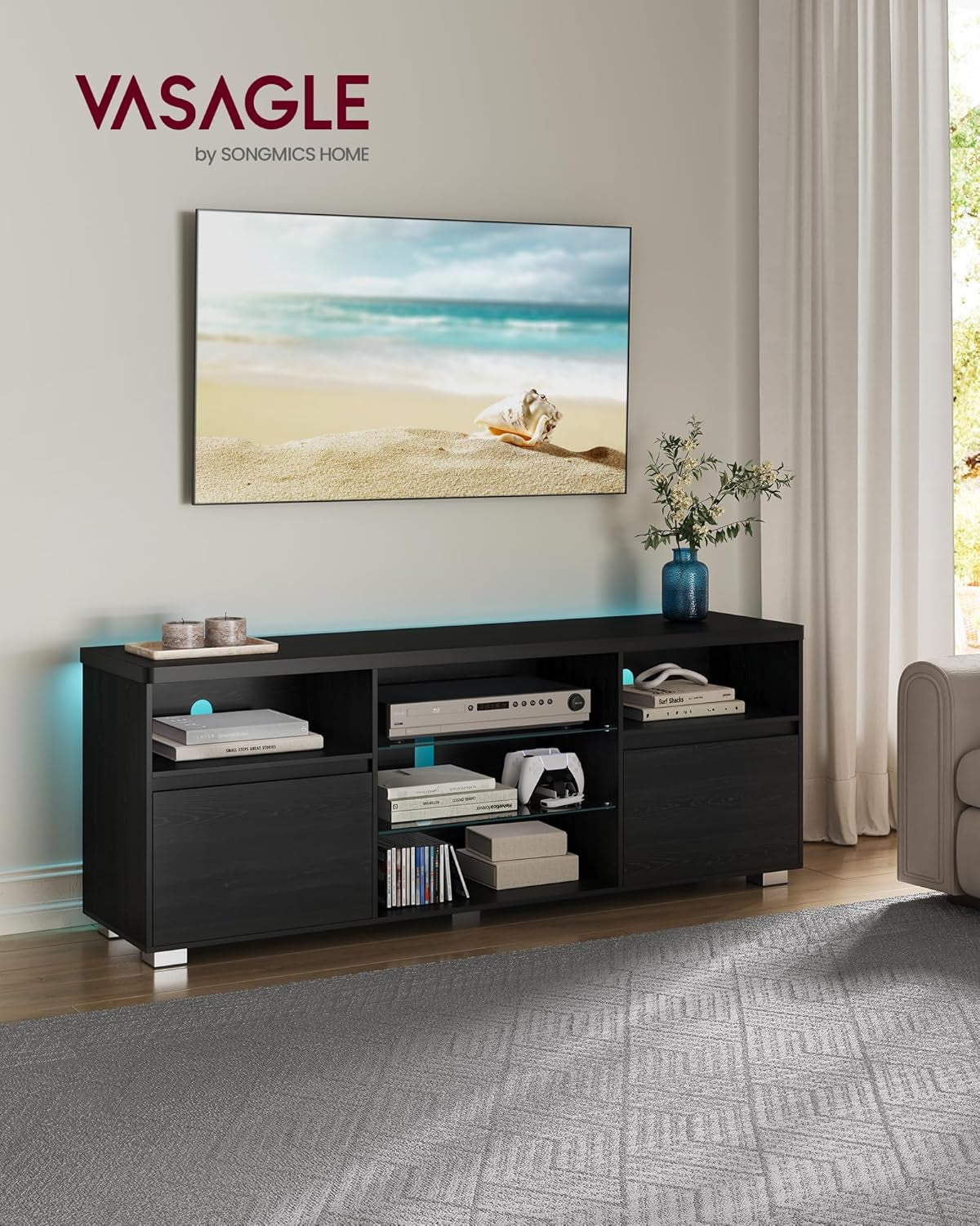 63 Inch LED TV Stand With Glass Shelves And Cabinet Doors