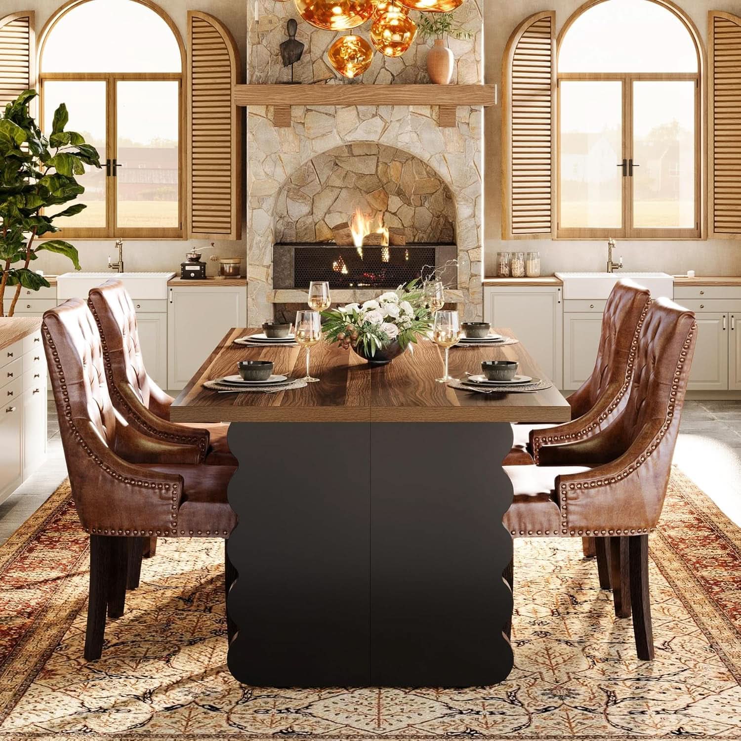 63 Inch Modern Wooden Dining Table With Black Wavy Legs