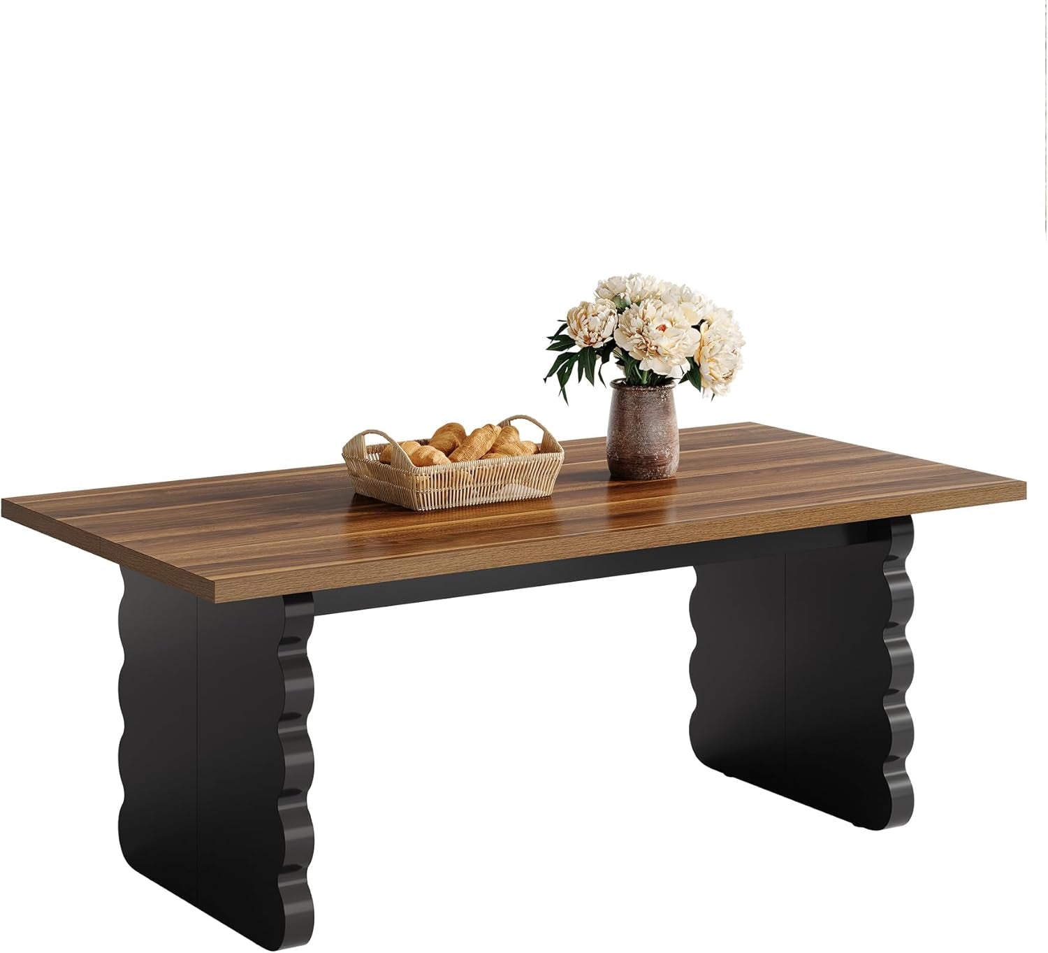 63 Inch Modern Wooden Dining Table With Black Wavy Legs