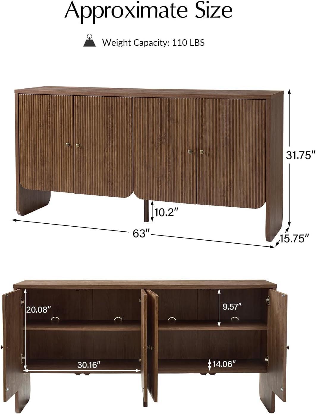 63 Inch Walnut Sideboard With Storage Cabinet Dining Room