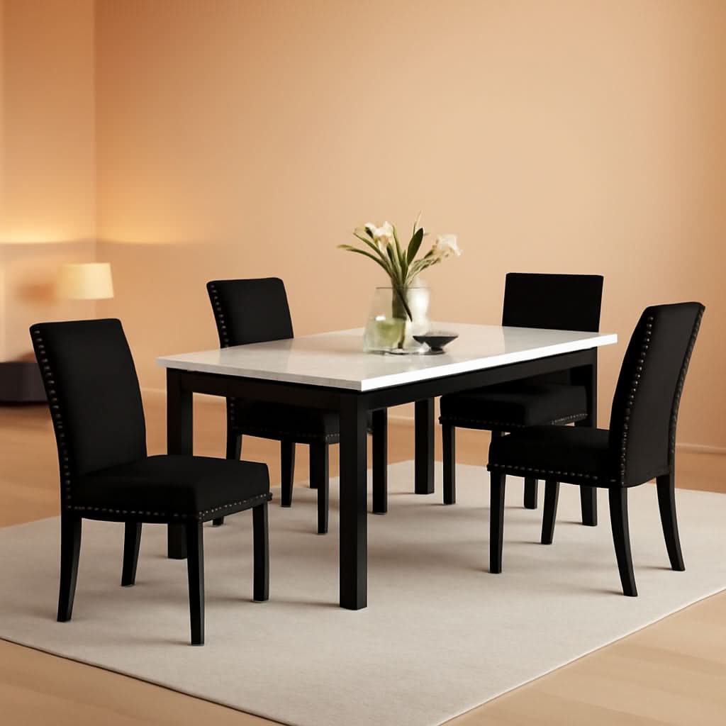 64 Inch Dining Table With Faux Marble Top And Black Base