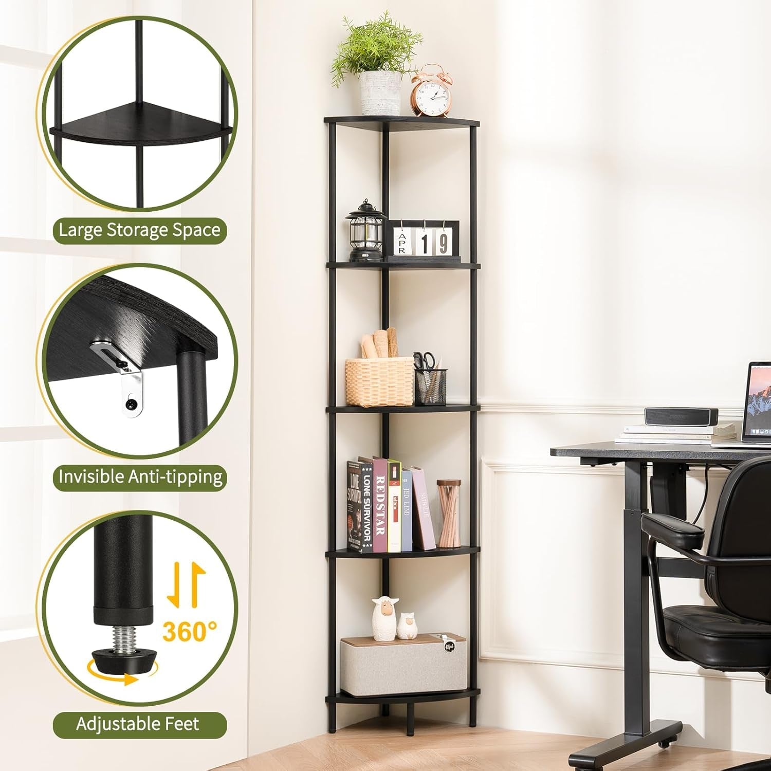 65 Inch Corner Shelf Stand 5 Tier Bookshelf For Home