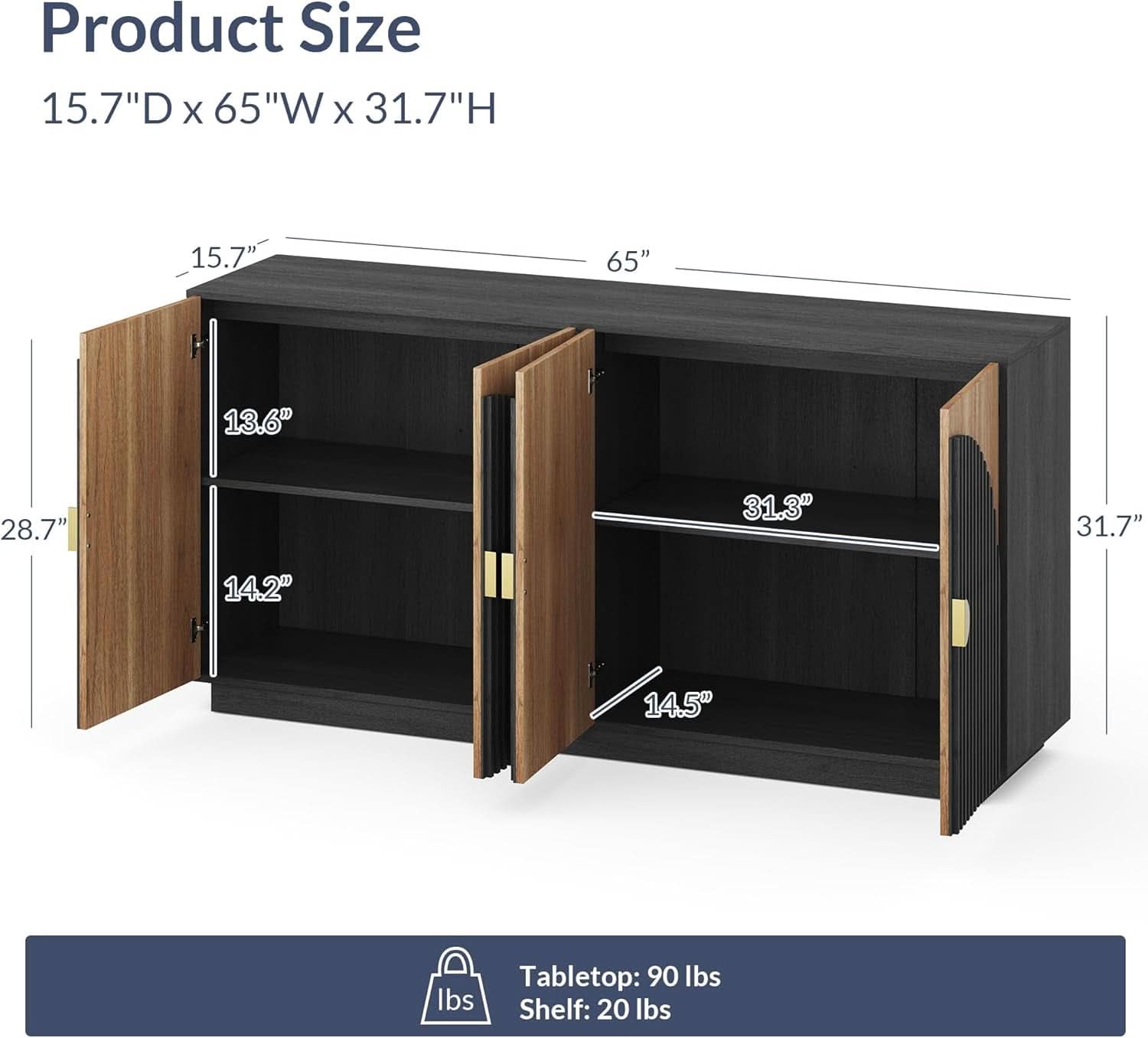 65 Inch Fluted Buffet Cabinet With Storage In Camel