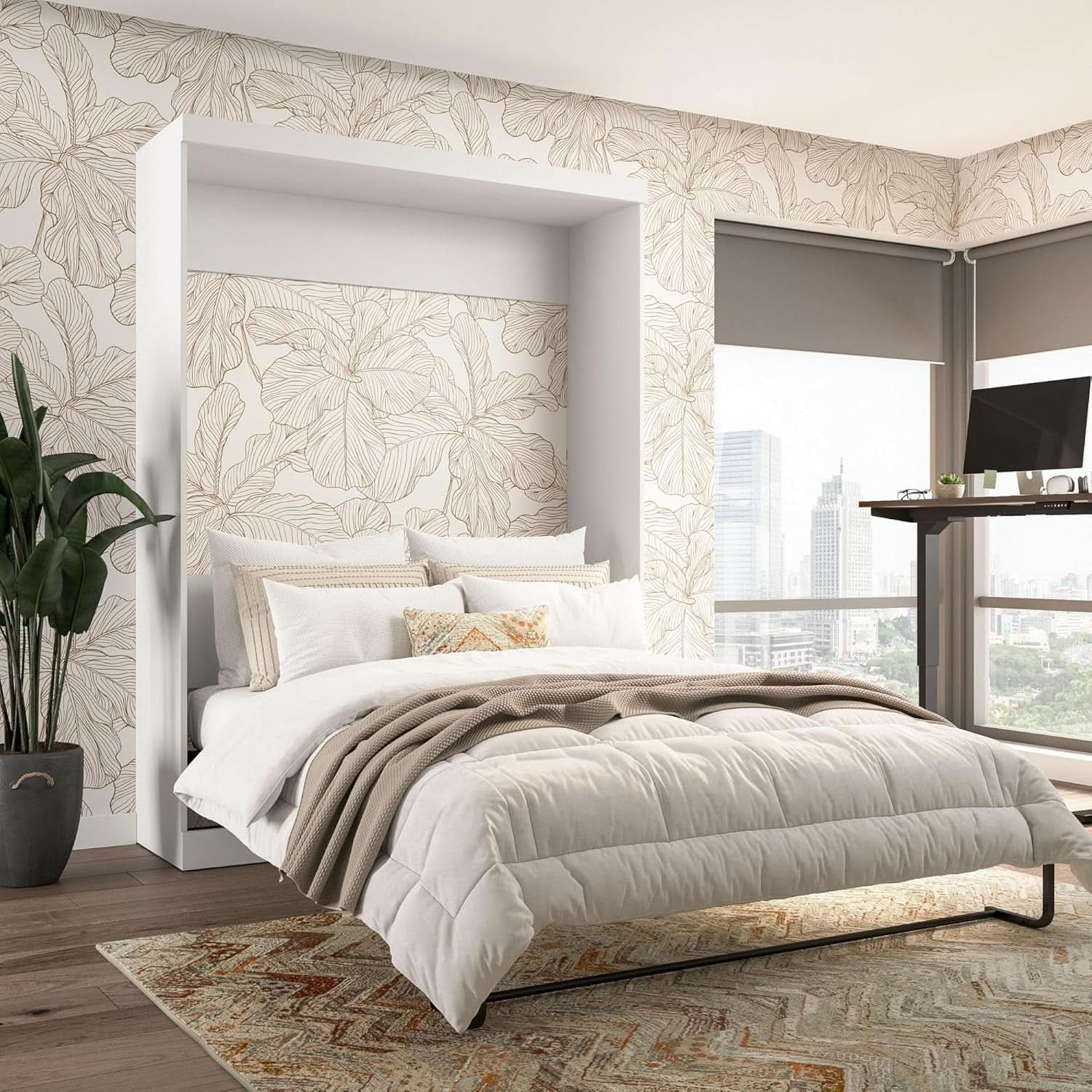 65 Inch Queen Murphy Bed With Wardrobe Storage System
