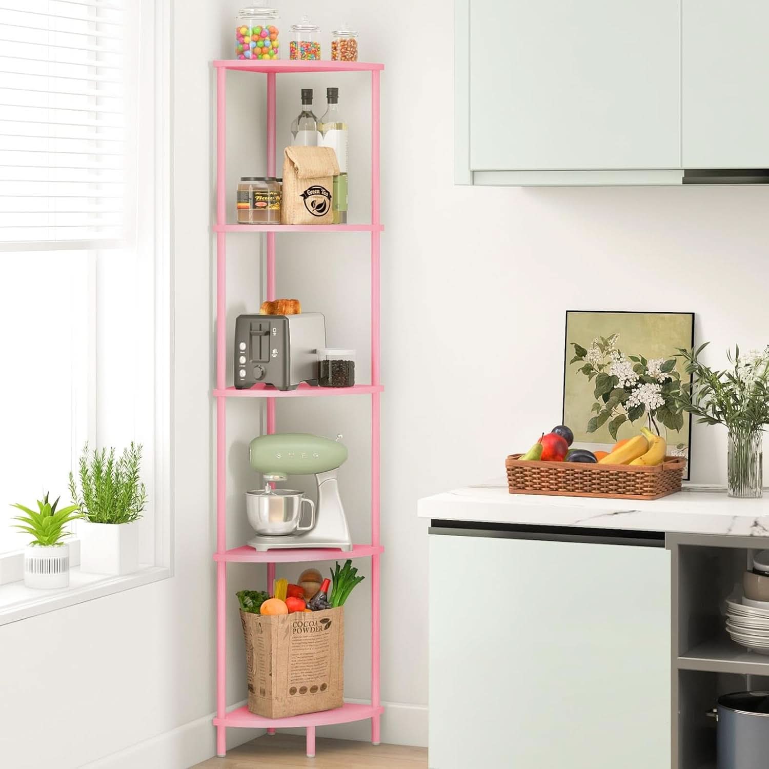 65 Inch Rustic Corner Shelf Stand 5 Tier Display Shelves