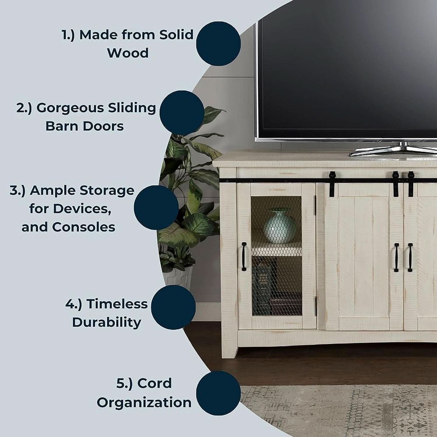 65 Inch Solid Wood TV Stand In Antique White With Storage