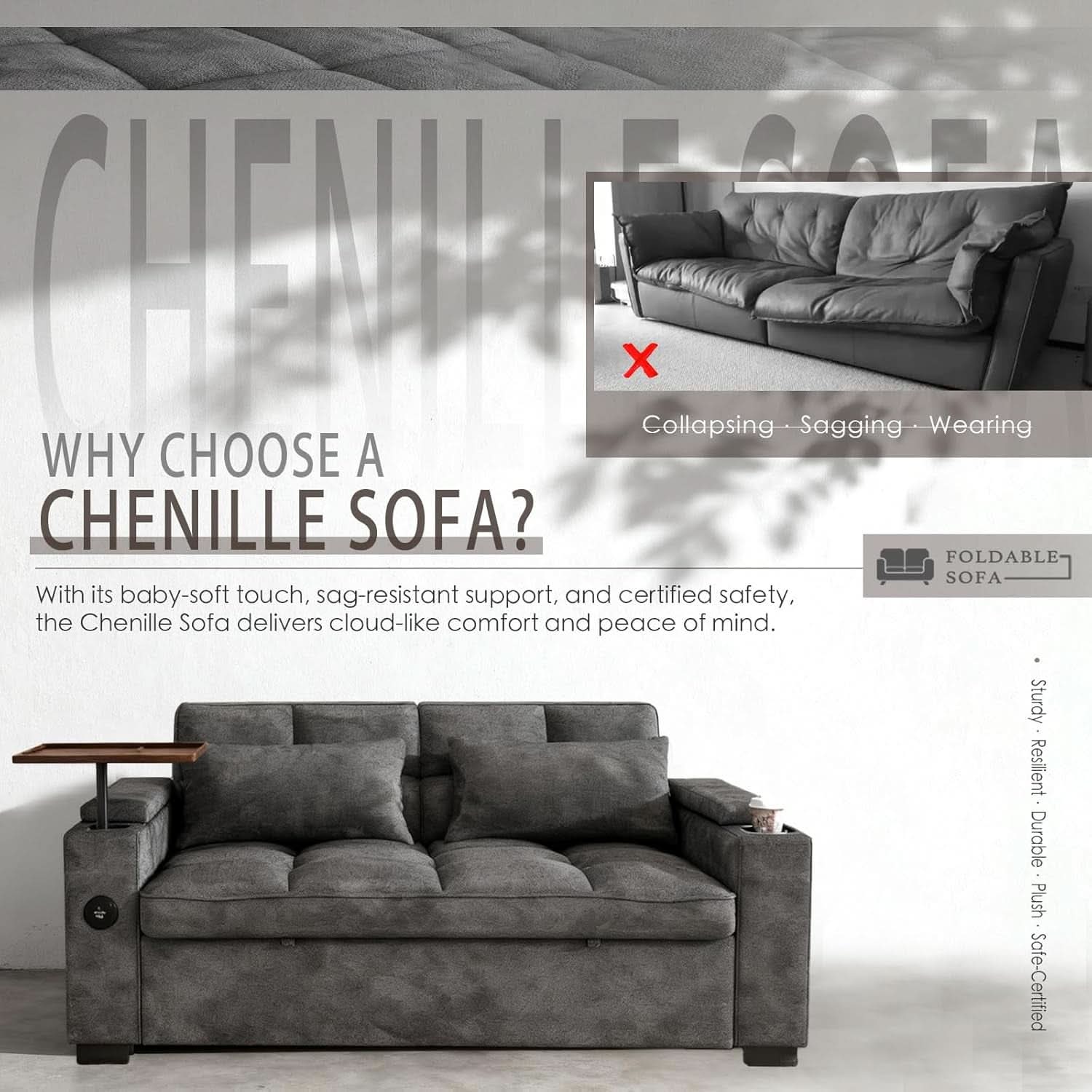65Inch Grey Chenille Convertible Sleeper Sofa Table