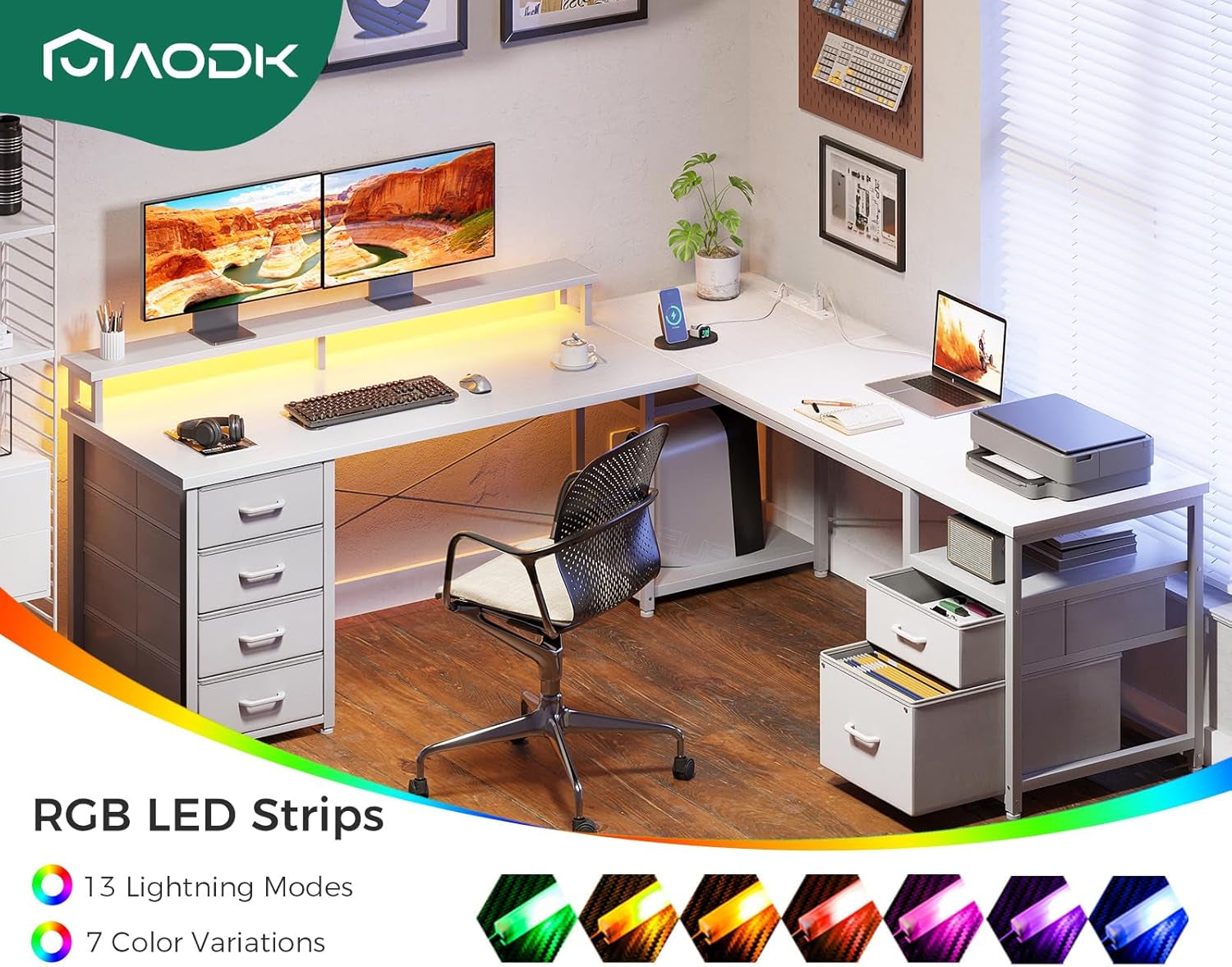 66 Inch L Shaped Desk With Led Lights Reversible Design