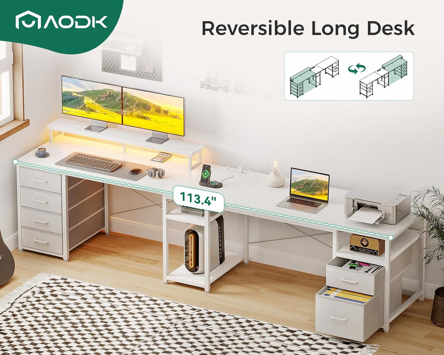66 Inch L Shaped Desk With Led Lights Reversible Design