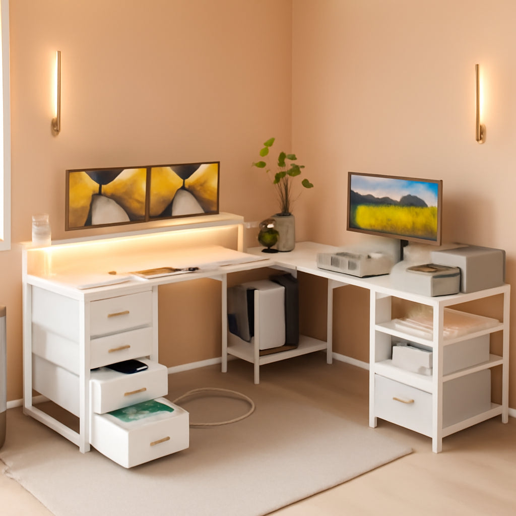66 Inch L Shaped Desk With Led Lights Reversible Design