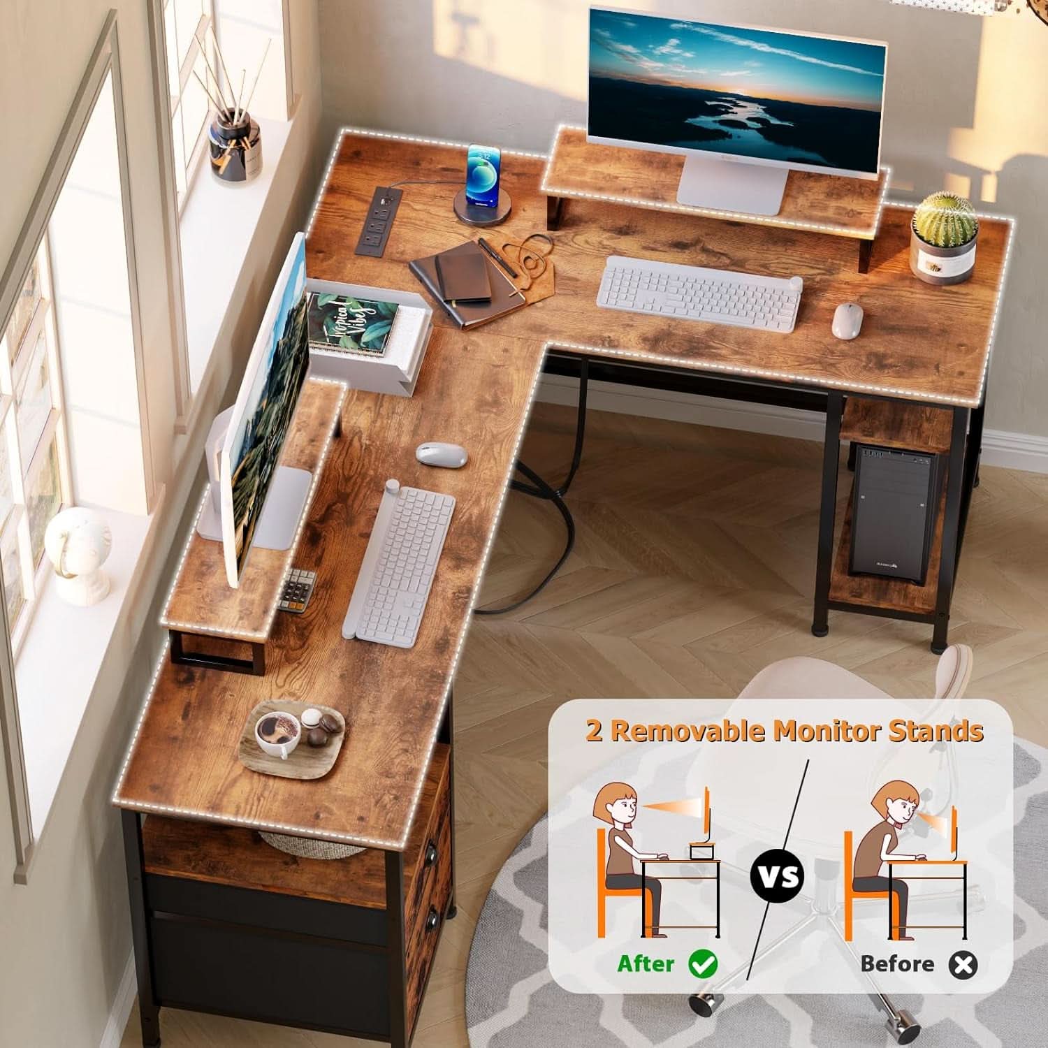 66 Inch Rustic Brown L Shaped Desk With Power Outlet