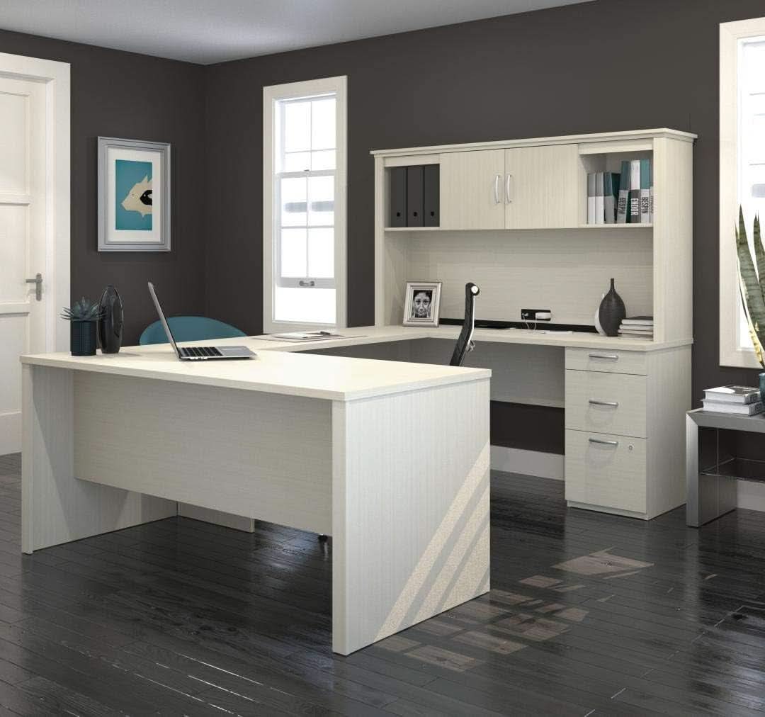 66W White Chocolate L Shaped Executive Desk With Hutch