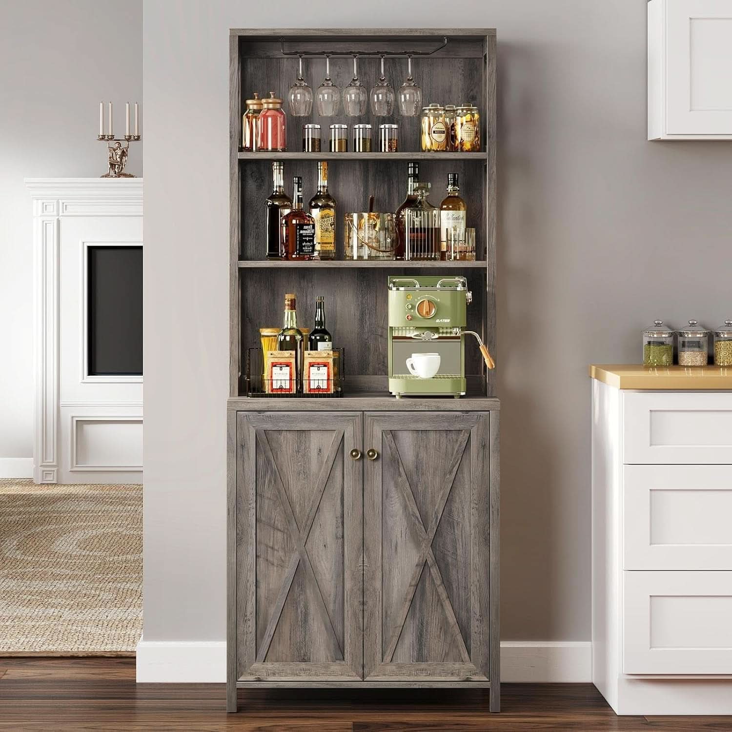 67 Inch Farmhouse Grey Wine Bar Cabinet For Liquor And Glasses