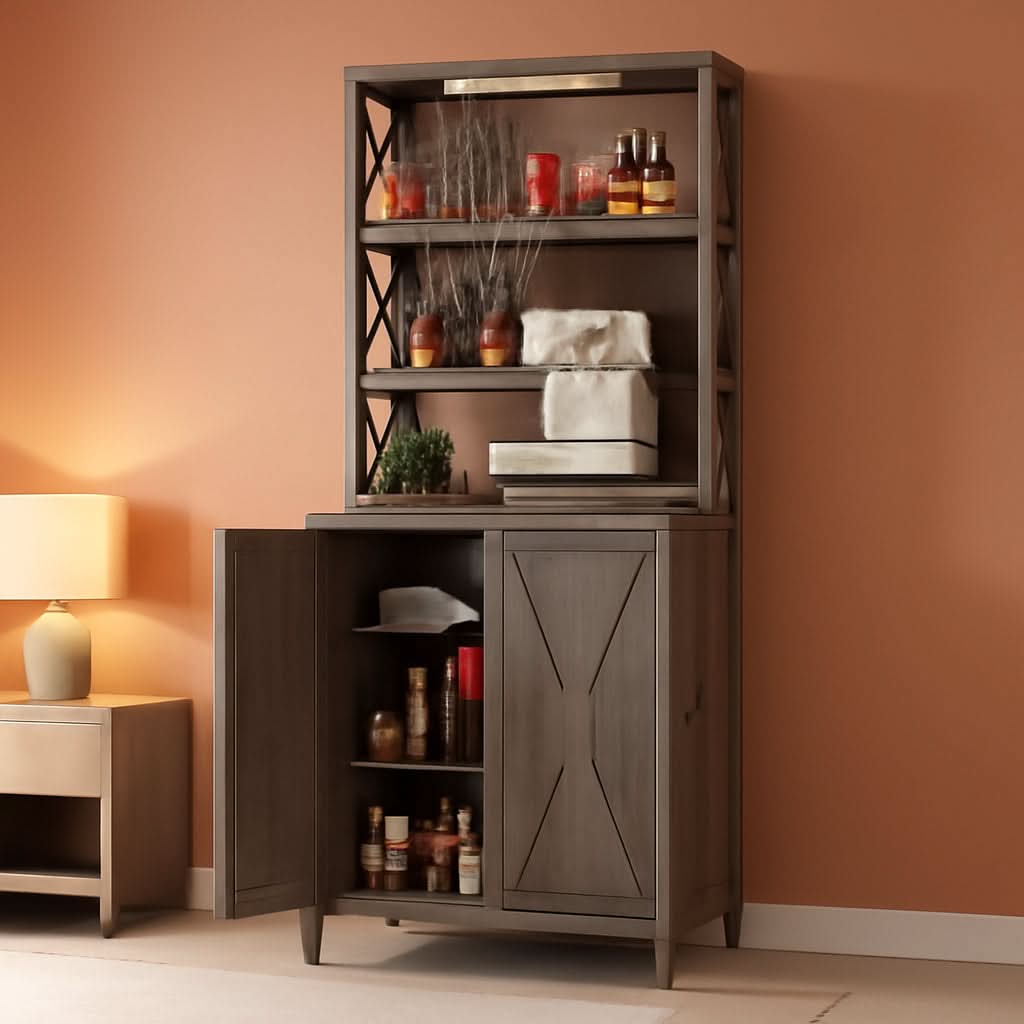 67 Inch Farmhouse Grey Wine Bar Cabinet For Liquor And Glasses