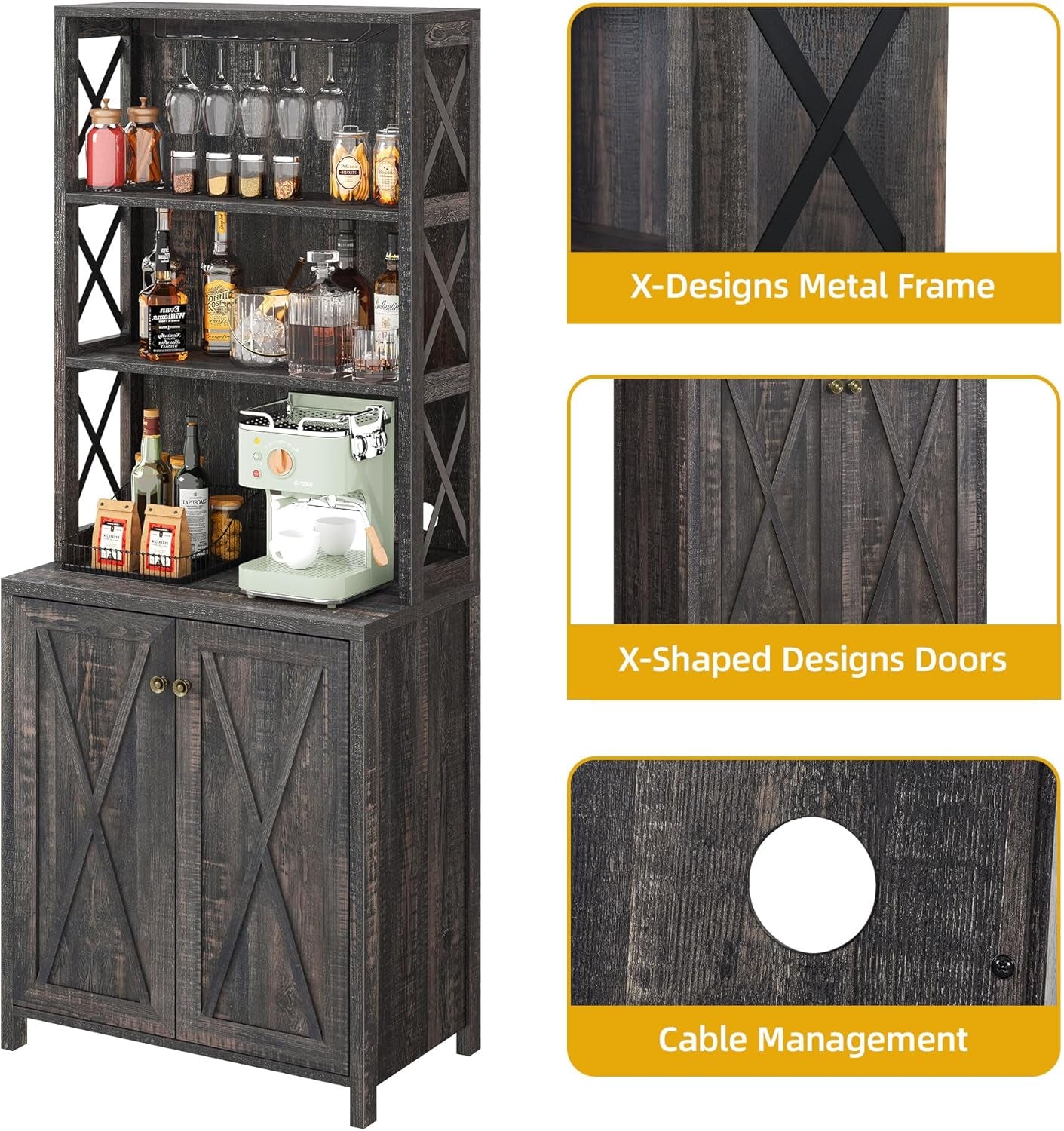 67 Inch Rustic Oak Wine Bar Cabinet With Adjustable Shelves