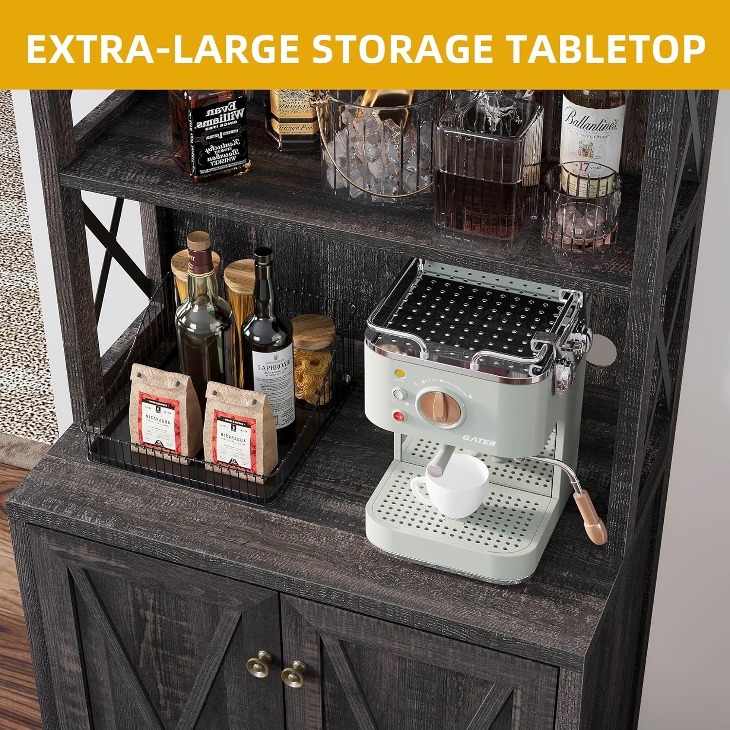 67 Inch Rustic Oak Wine Bar Cabinet With Adjustable Shelves