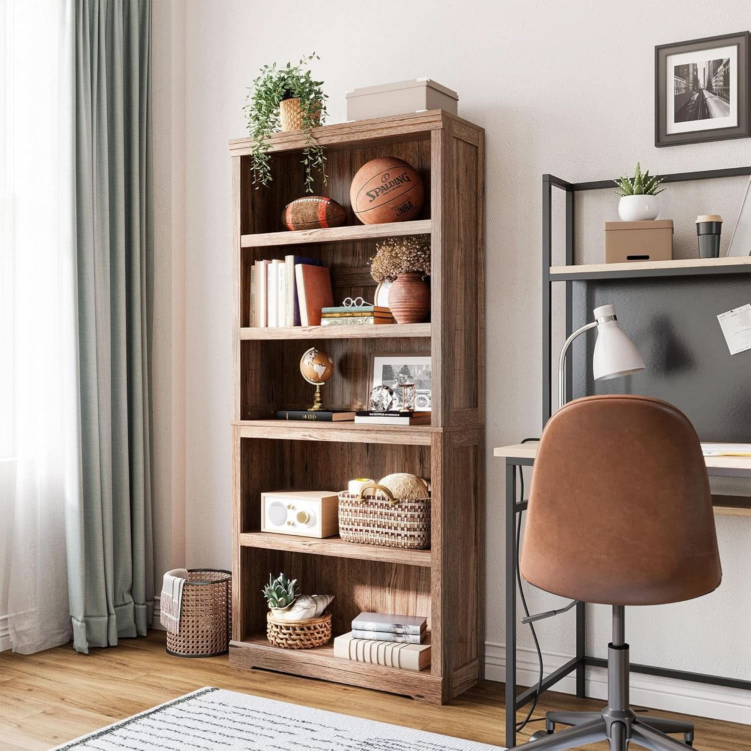 68-Inch Tall 5-Shelf Dark Brown Bookcase for Home Office