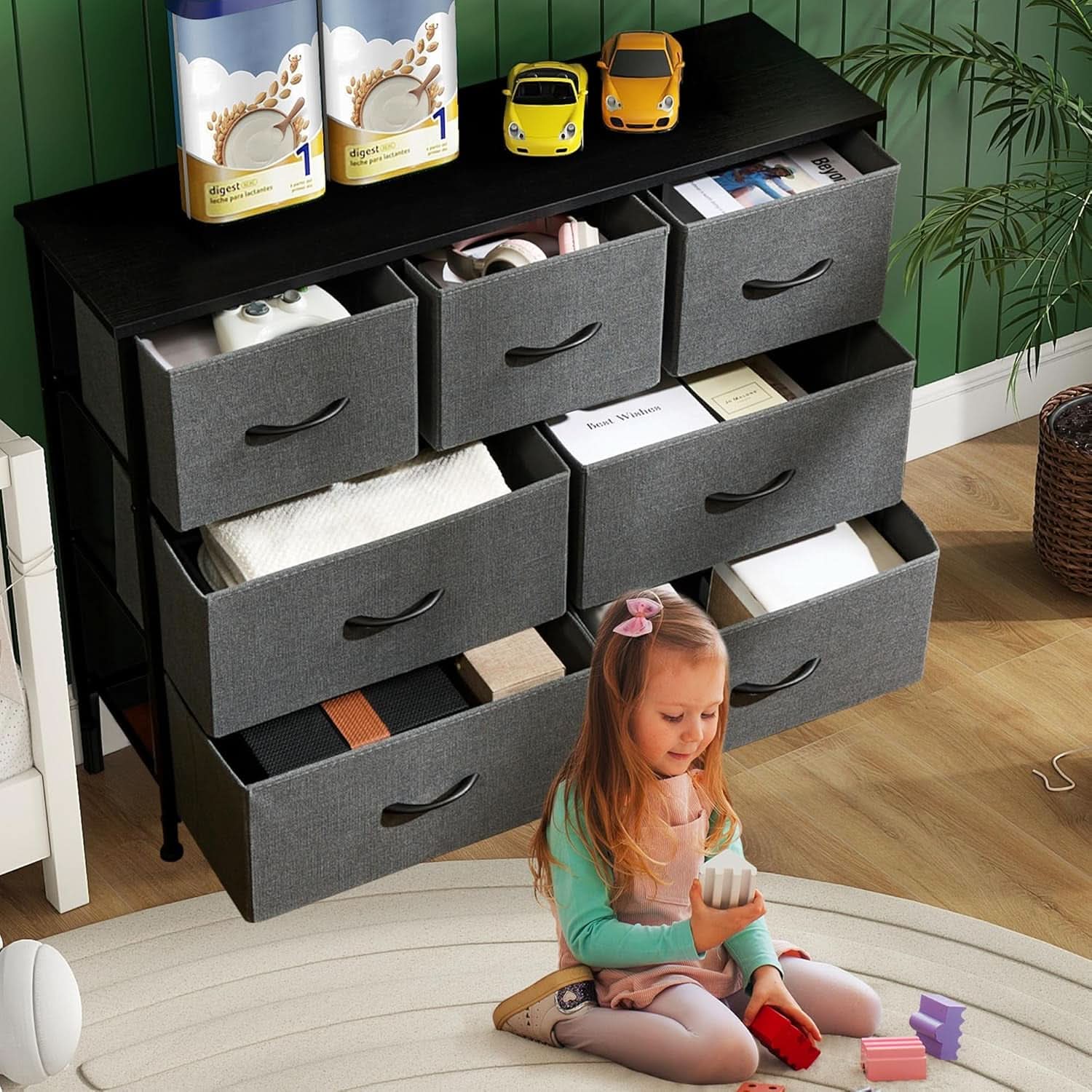 7 Drawer Dresser With Wooden Top TV Stand For 45 Inch TV
