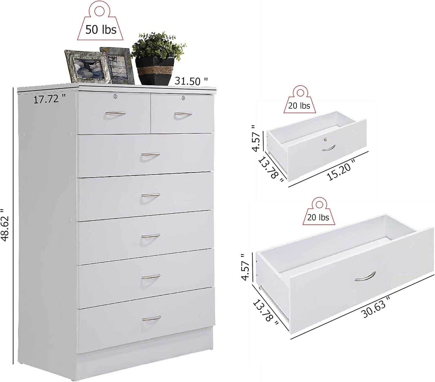 7 Drawer Wood Dresser 31.5 Inch Wide White Bedroom Storage
