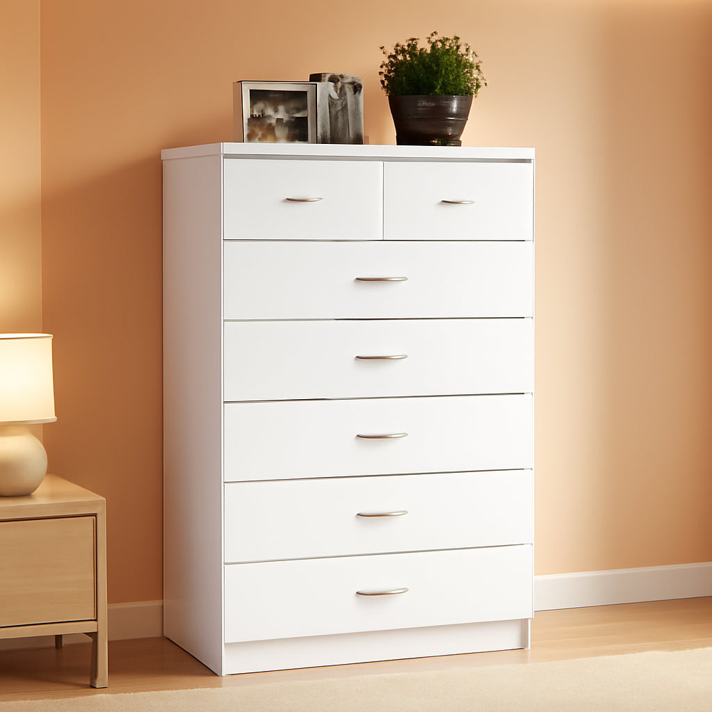 7 Drawer Wood Dresser 31.5 Inch Wide White Bedroom Storage