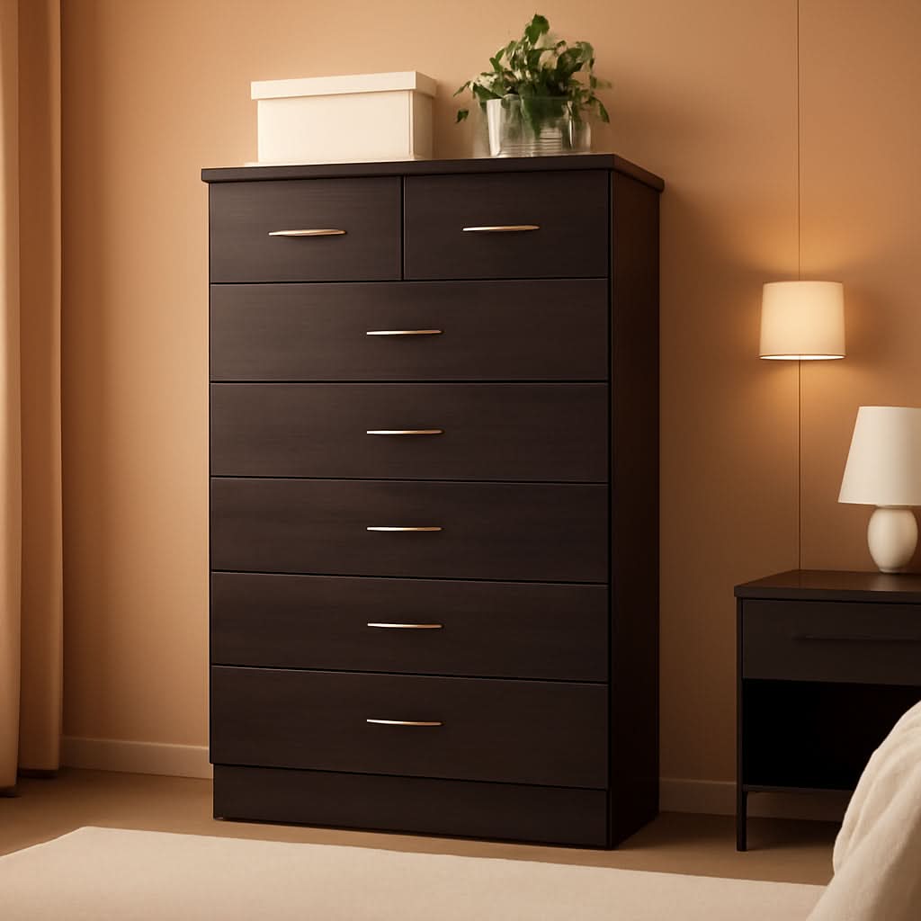 7 Drawer Wood Dresser For Bedroom 31.5 Inch Wide With Top Drawer Locks Chocolate
