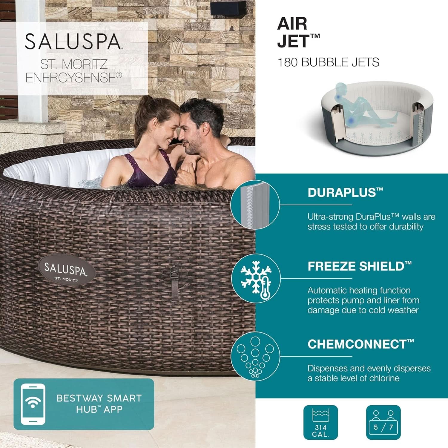 7 Person Round Inflatable Hot Tub 180 Jets Energy Efficient
