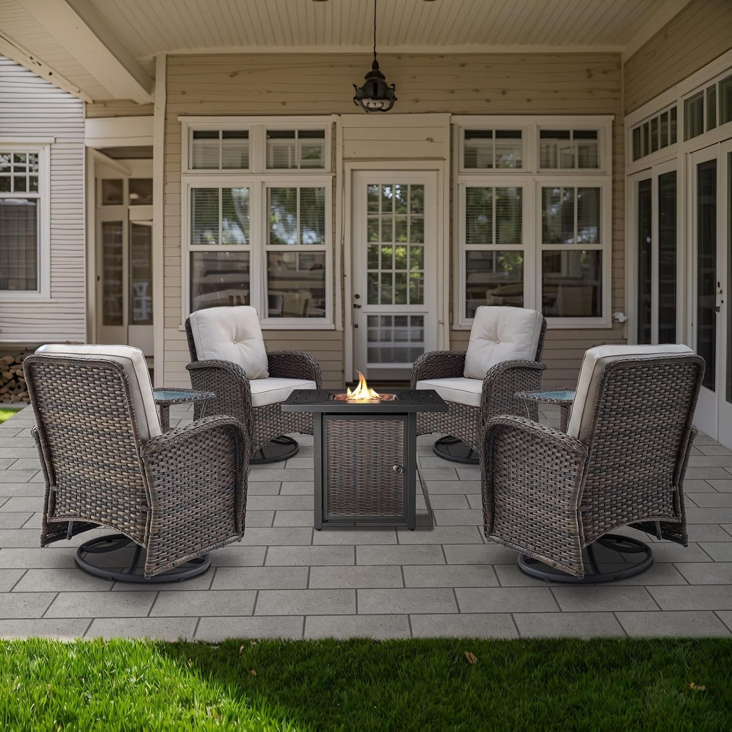 7 Piece Patio Furniture Set With Fire Pit Table And 4 Swivel Chairs