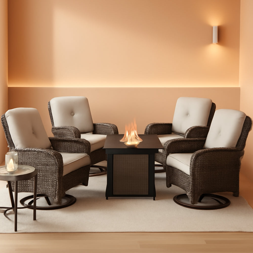 7 Piece Patio Furniture Set With Fire Pit Table And 4 Swivel Chairs