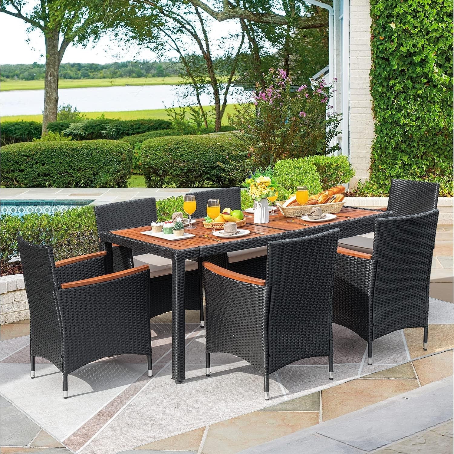 7 Piece Rattan Outdoor Dining Set With Wood Table Top