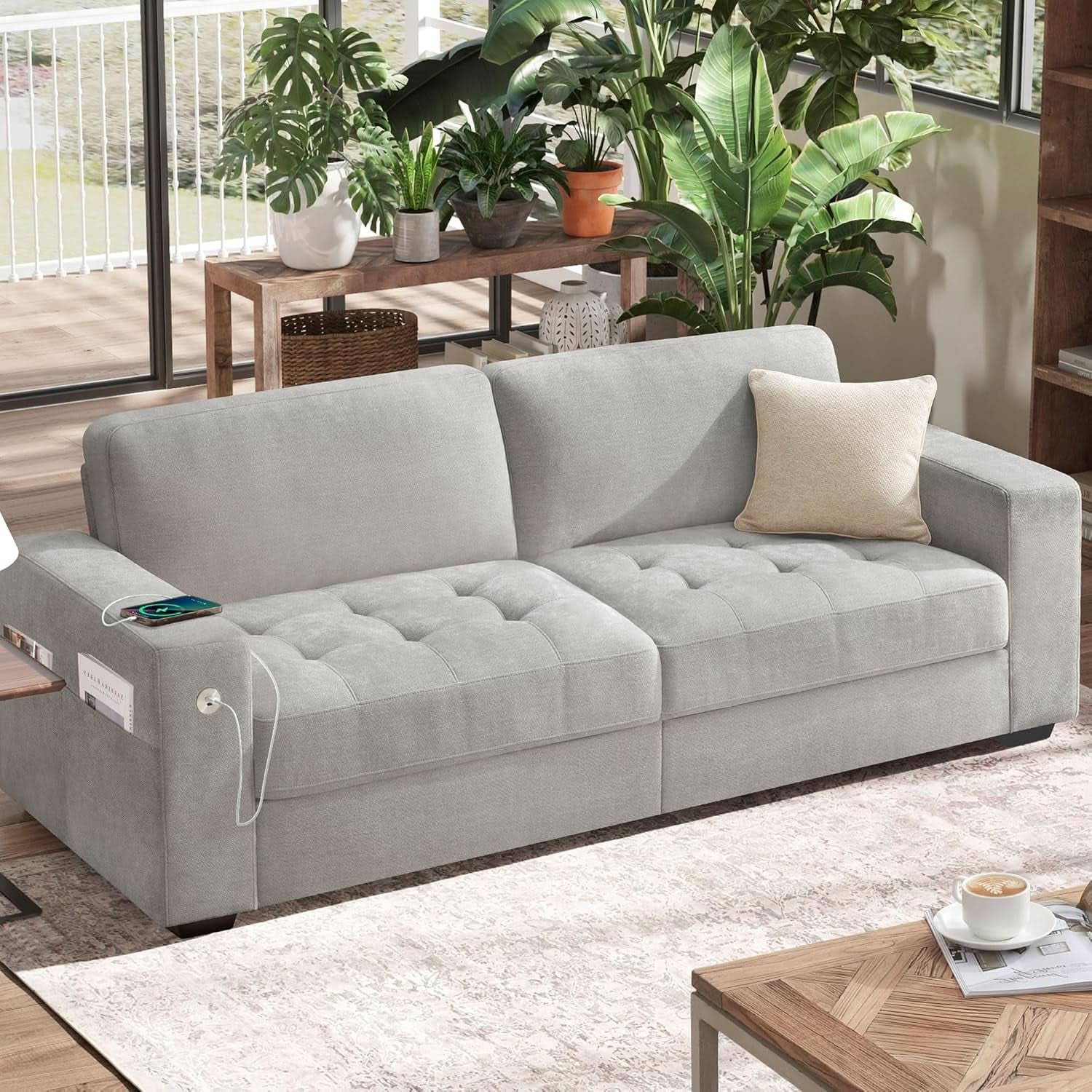 70 Inch Beige Loveseat With USB Type C Ports Living Room