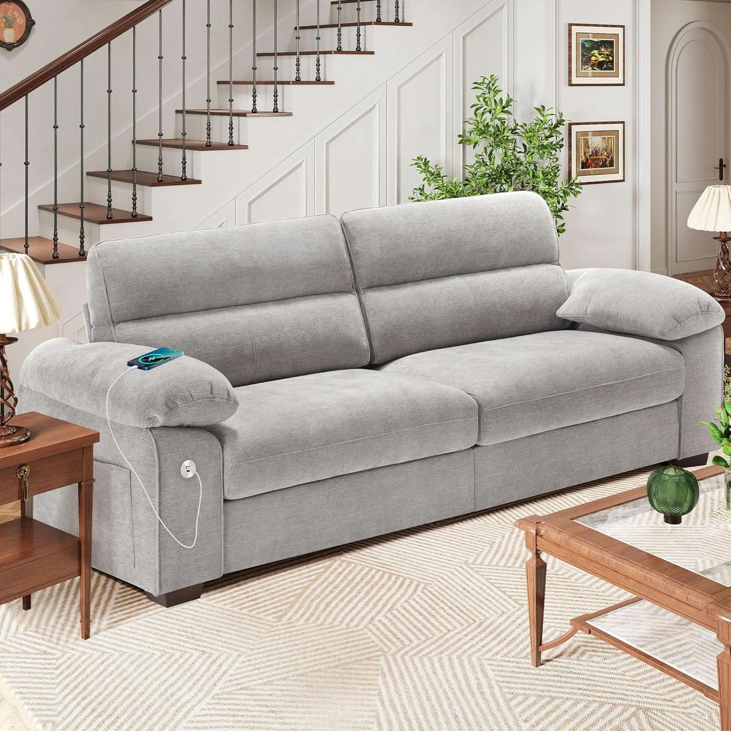 70 Inch Beige Loveseat With USB Type C Ports Living Room