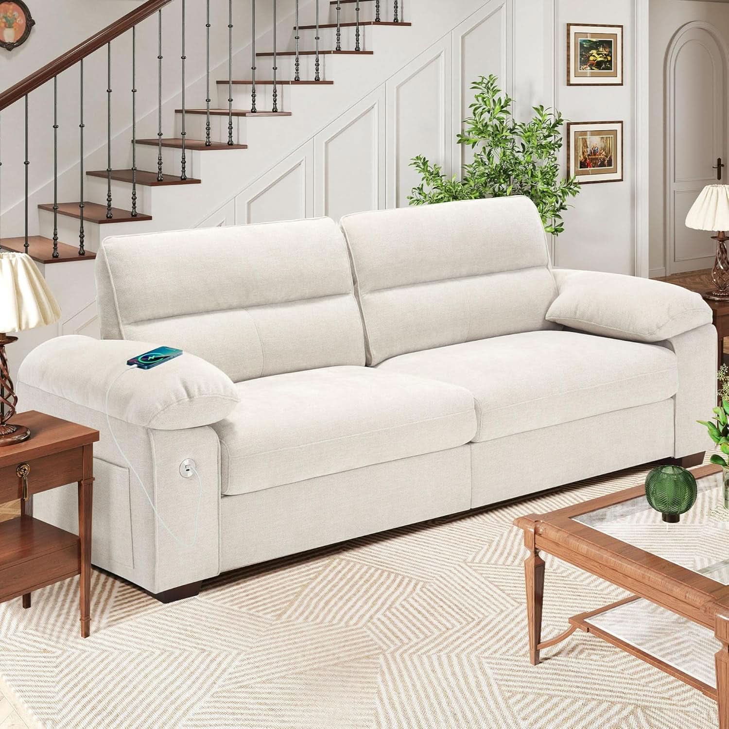 70 Inch Beige Loveseat With USB Type C Ports Living Room