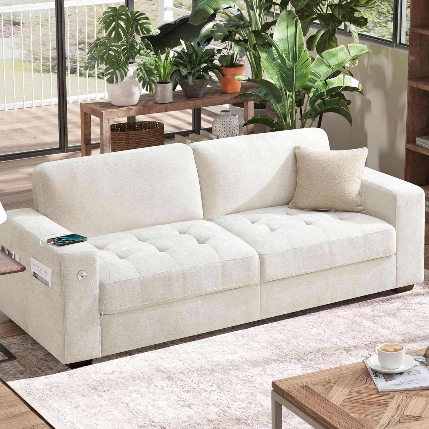 70 Inch Beige Loveseat With USB Type C Ports Living Room