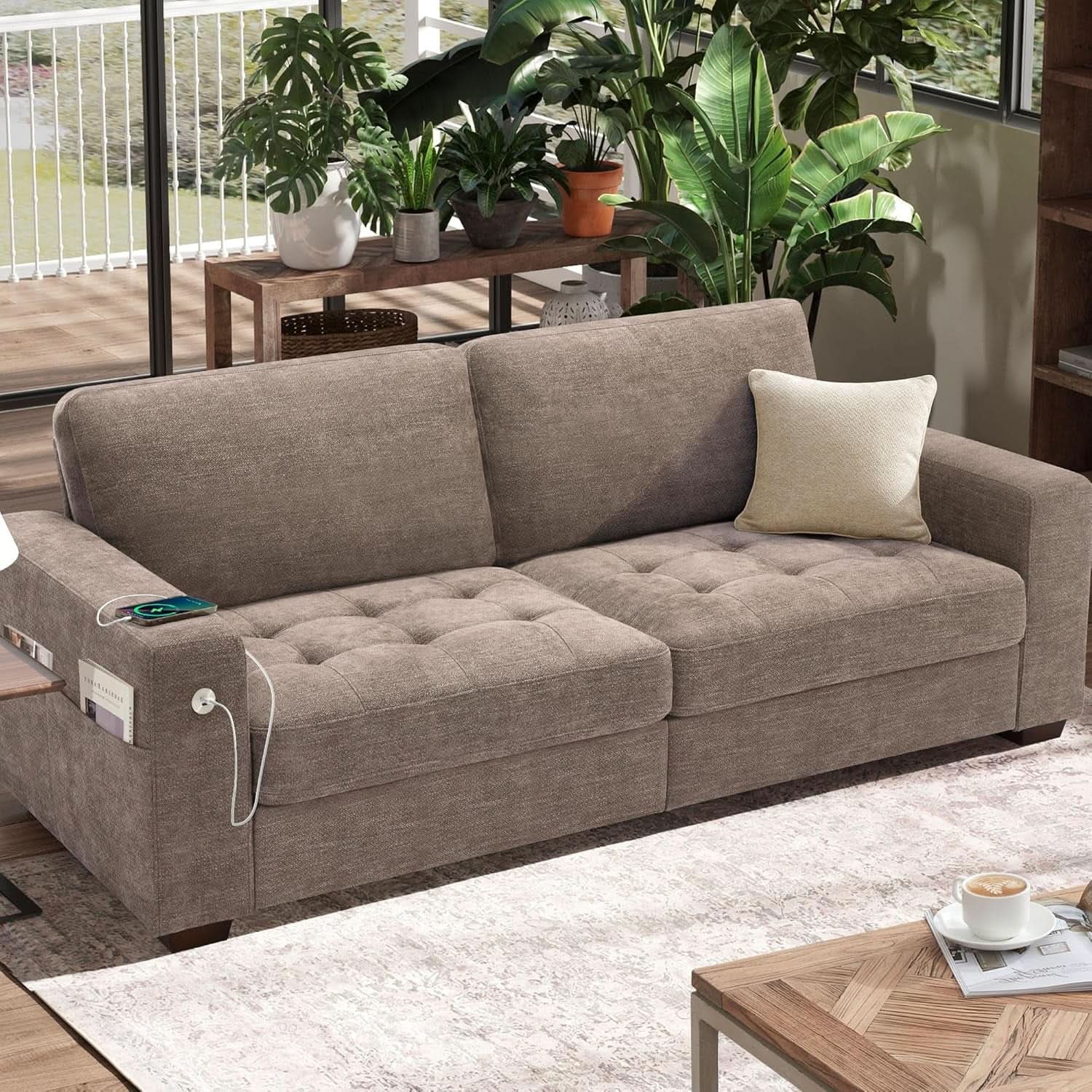 70 Inch Beige Loveseat With USB Type C Ports Living Room