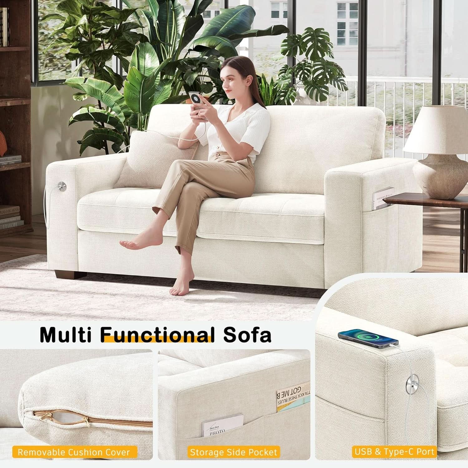 70 Inch Beige Loveseat With USB Type C Ports Living Room