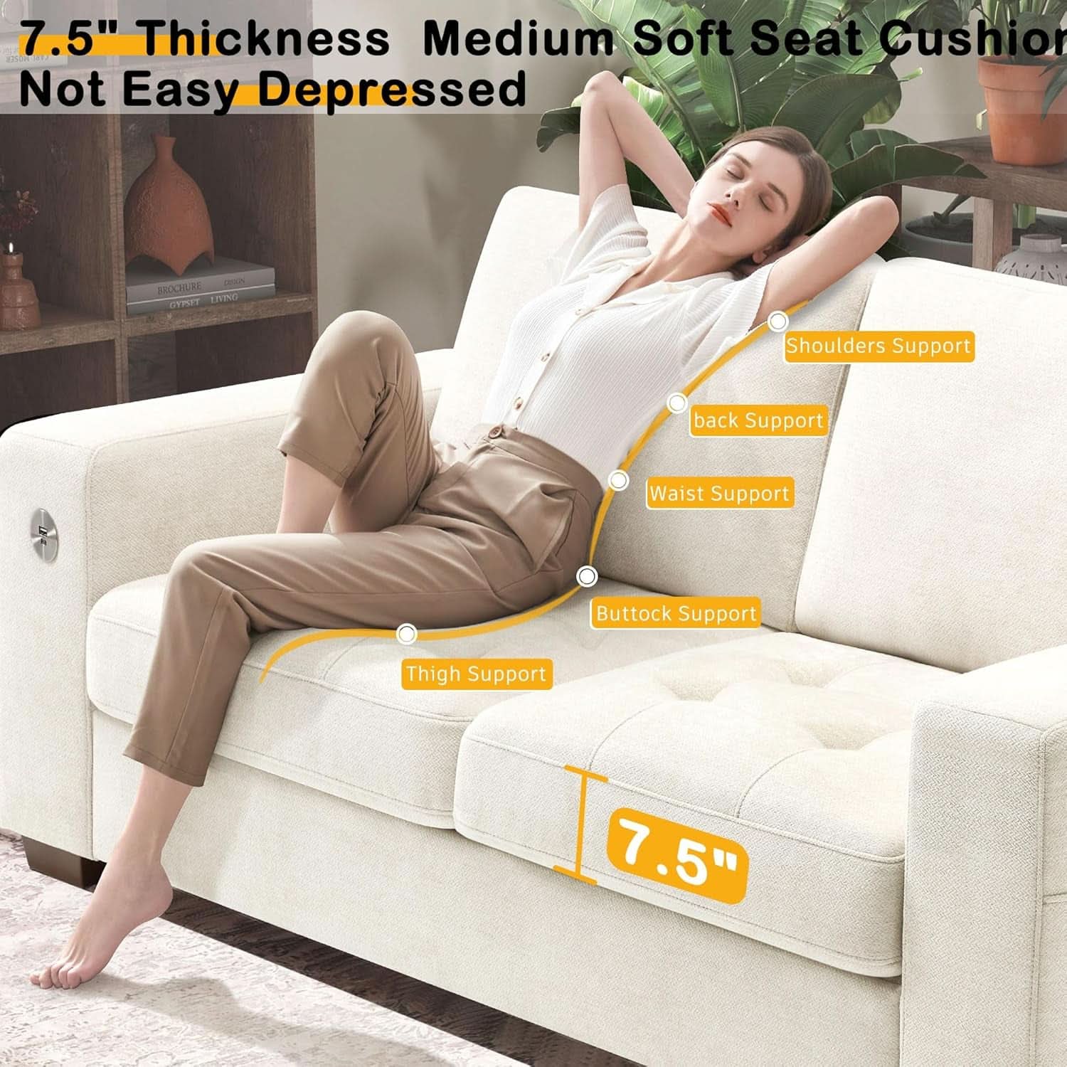 70 Inch Beige Loveseat With USB Type C Ports Living Room